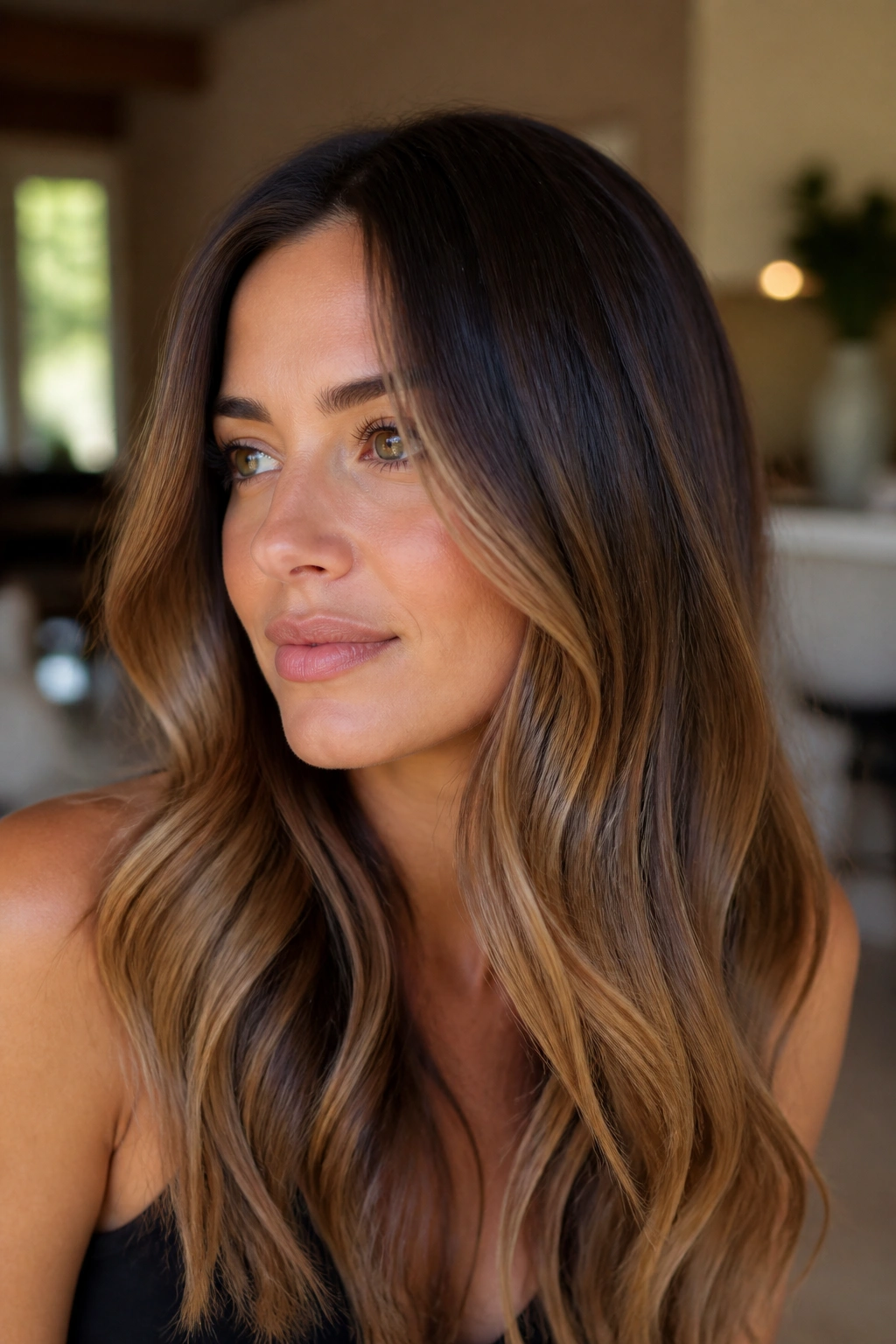 Close-up portrait of a real woman showing dark brunette to caramel melt ombre with soft transition at the cheekbone