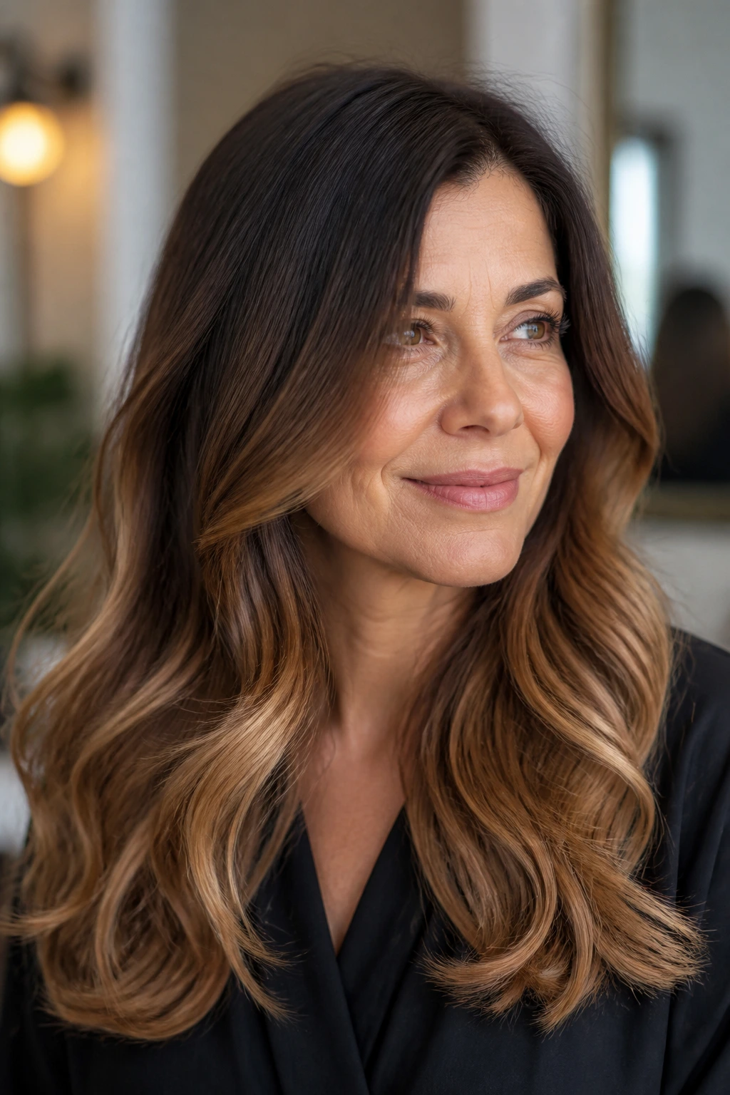 Close-up of a real woman's hair showing brunette ombré with warm caramel ends in natural light
