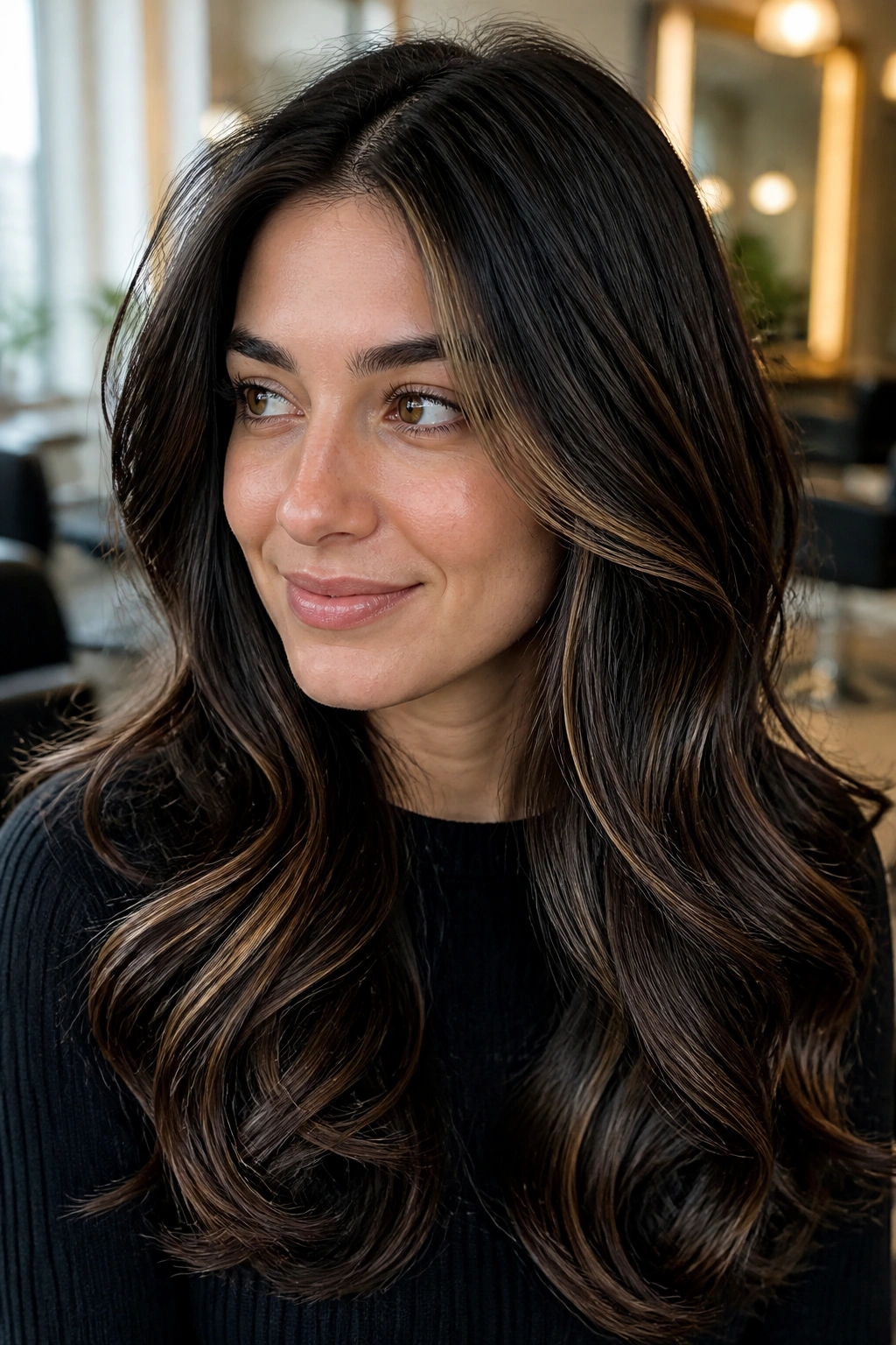 Close-up of brunette woman with chocolate and mocha ribbons in front layers