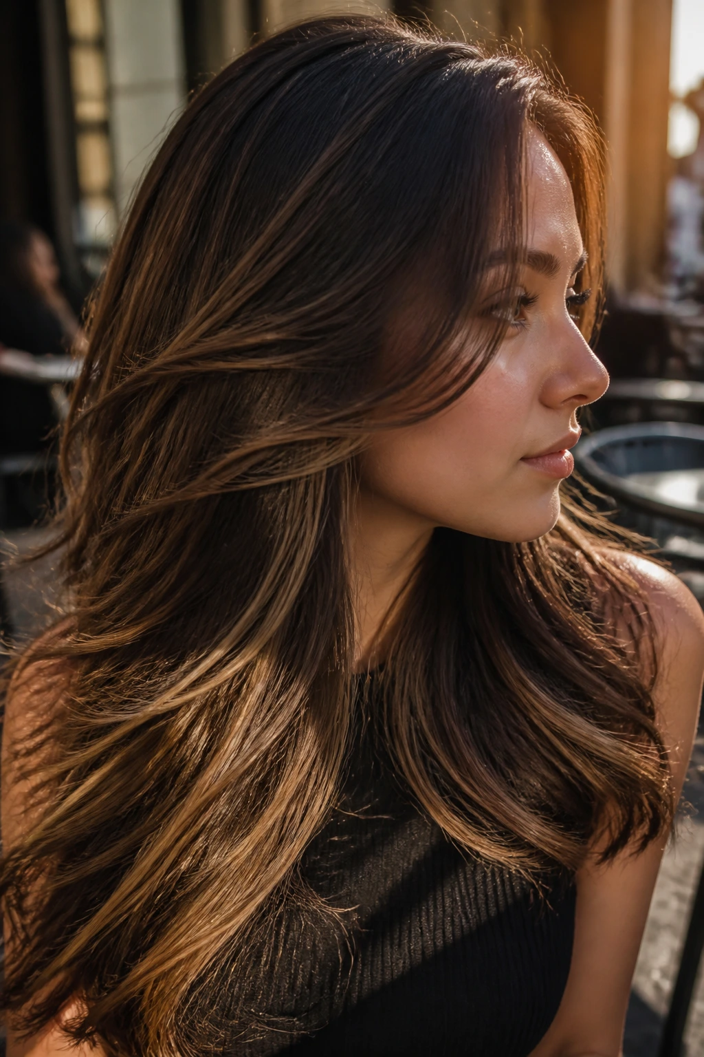 Close-up of brunette with underlayer highlights seen through movement