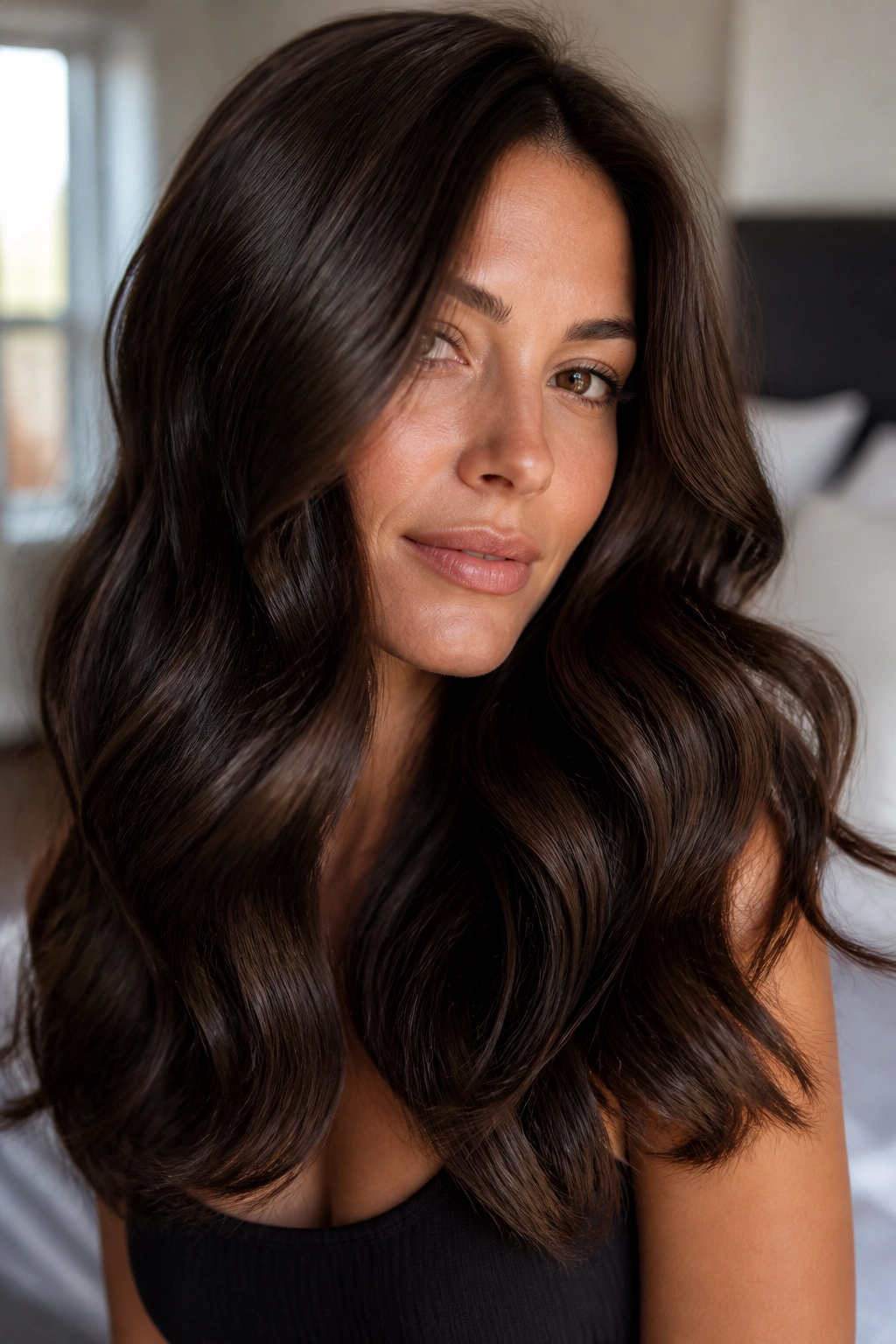 Brunette woman close-up with deep chocolate waves and glassy shine