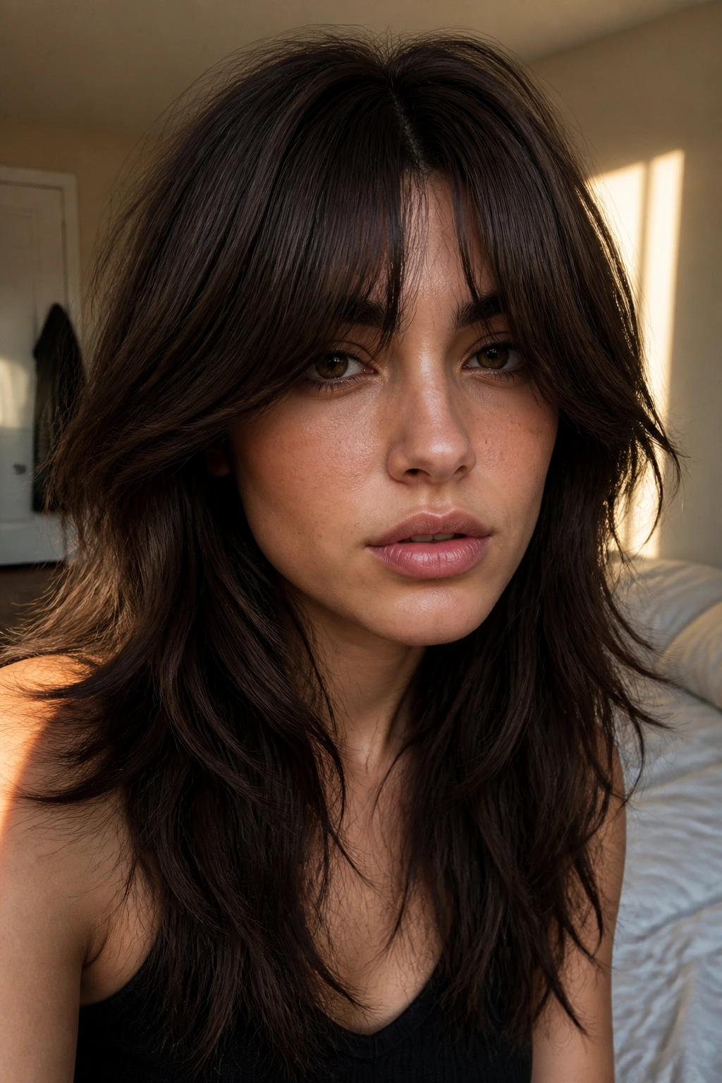 Close-up of brunette wolf cut with heavy curtain bangs on a real woman in warm window light