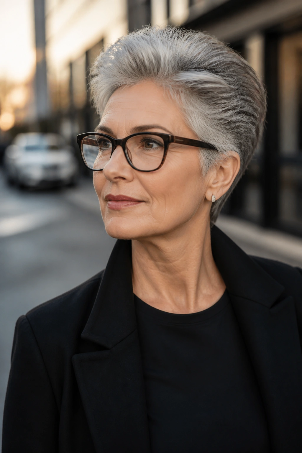 Real woman with brush-back crop and glasses in urban light.