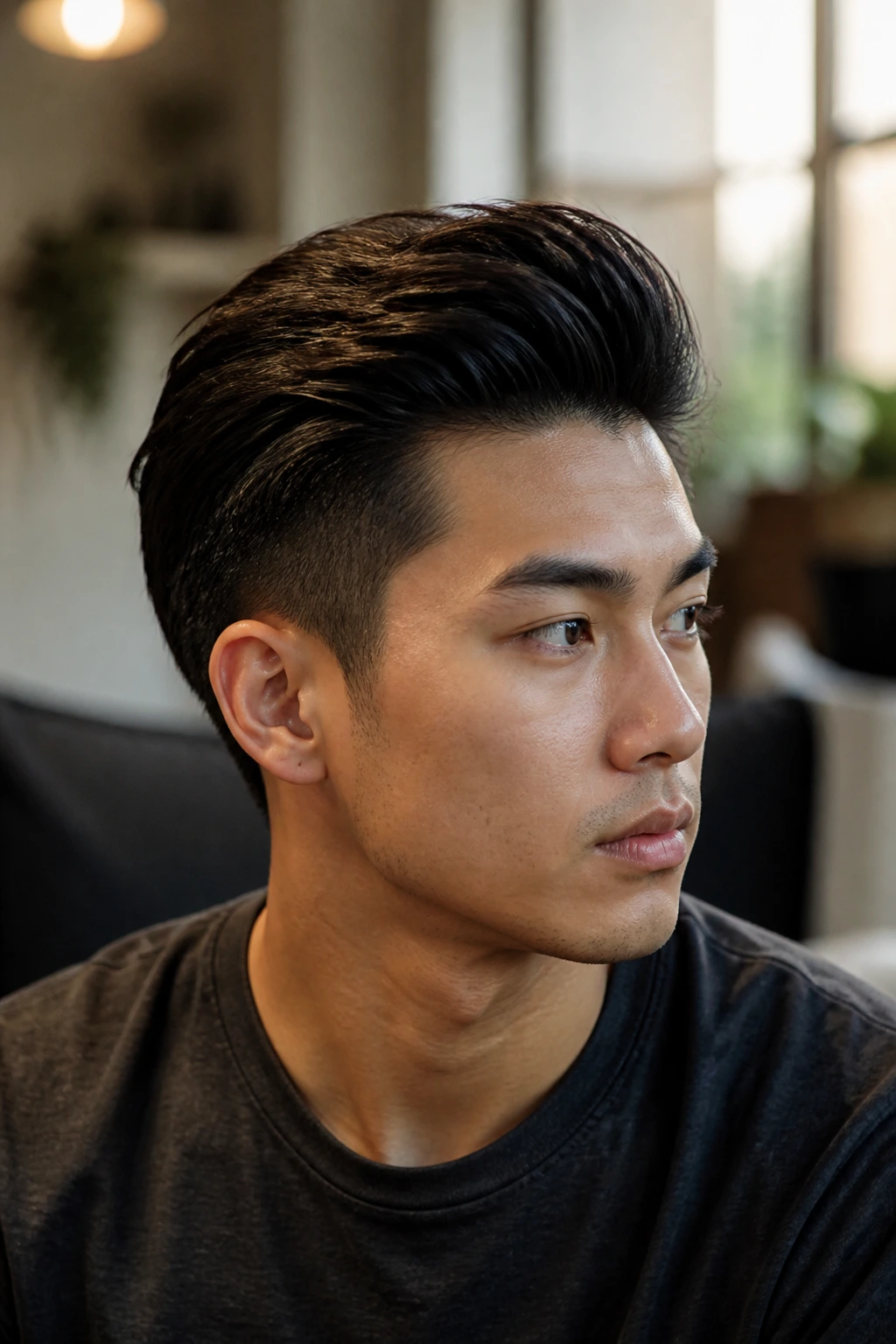 Close-up portrait of a real Asian man with tapered sides and brushed-back volume hair