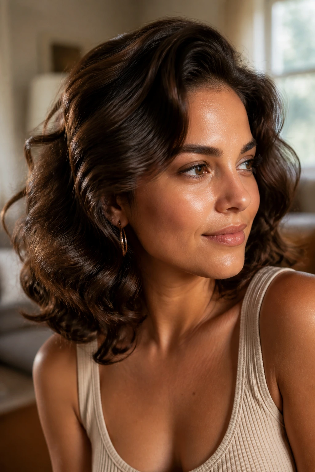 Real woman with brush-out glamorous waves in natural light