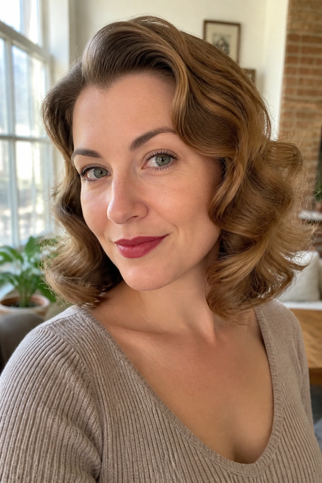 Close-up portrait of a woman with loose brush-out pin curls in bright room