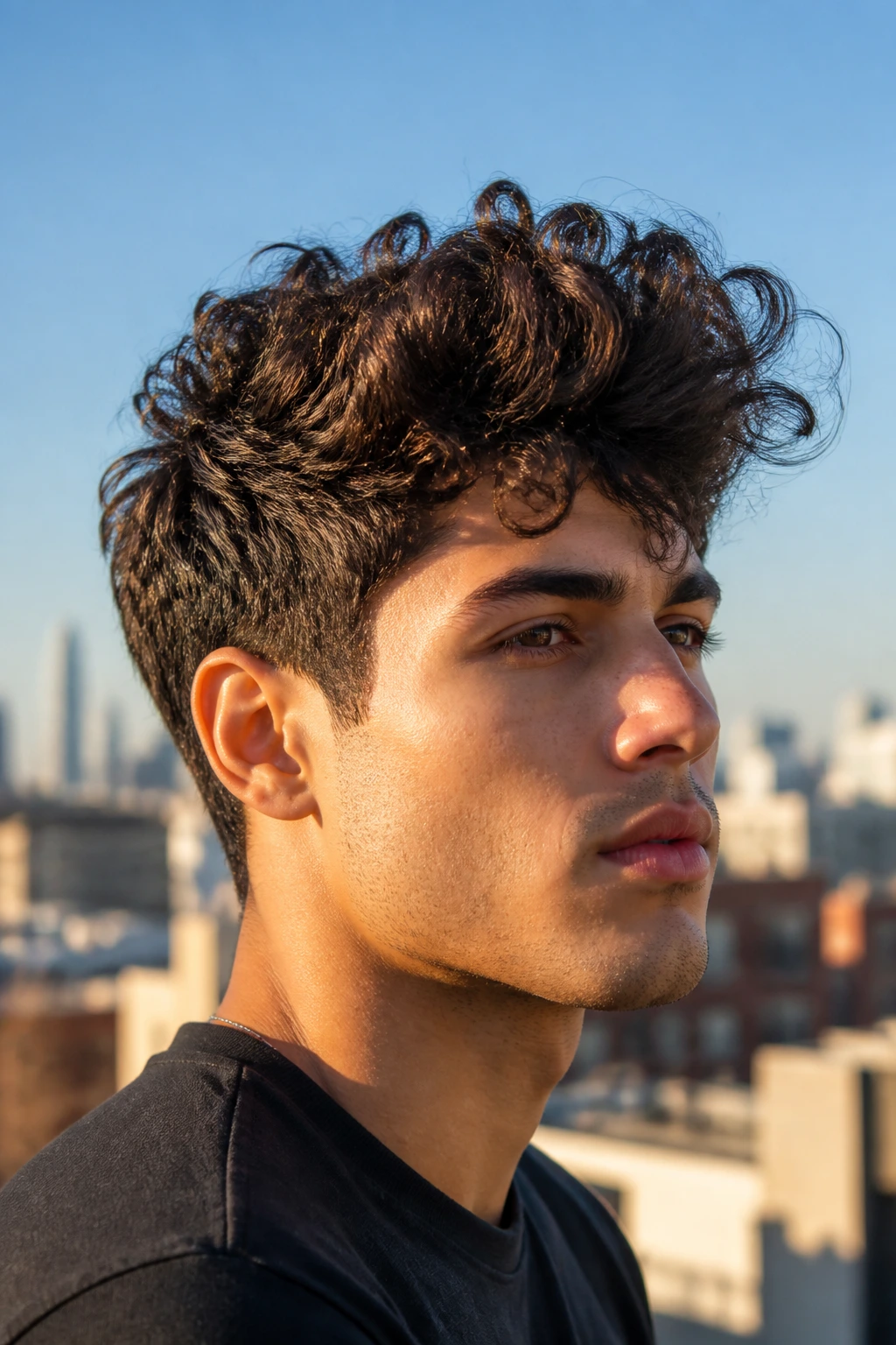 Close-up of a man with a brush-up curly top hairstyle showing lifted curls.