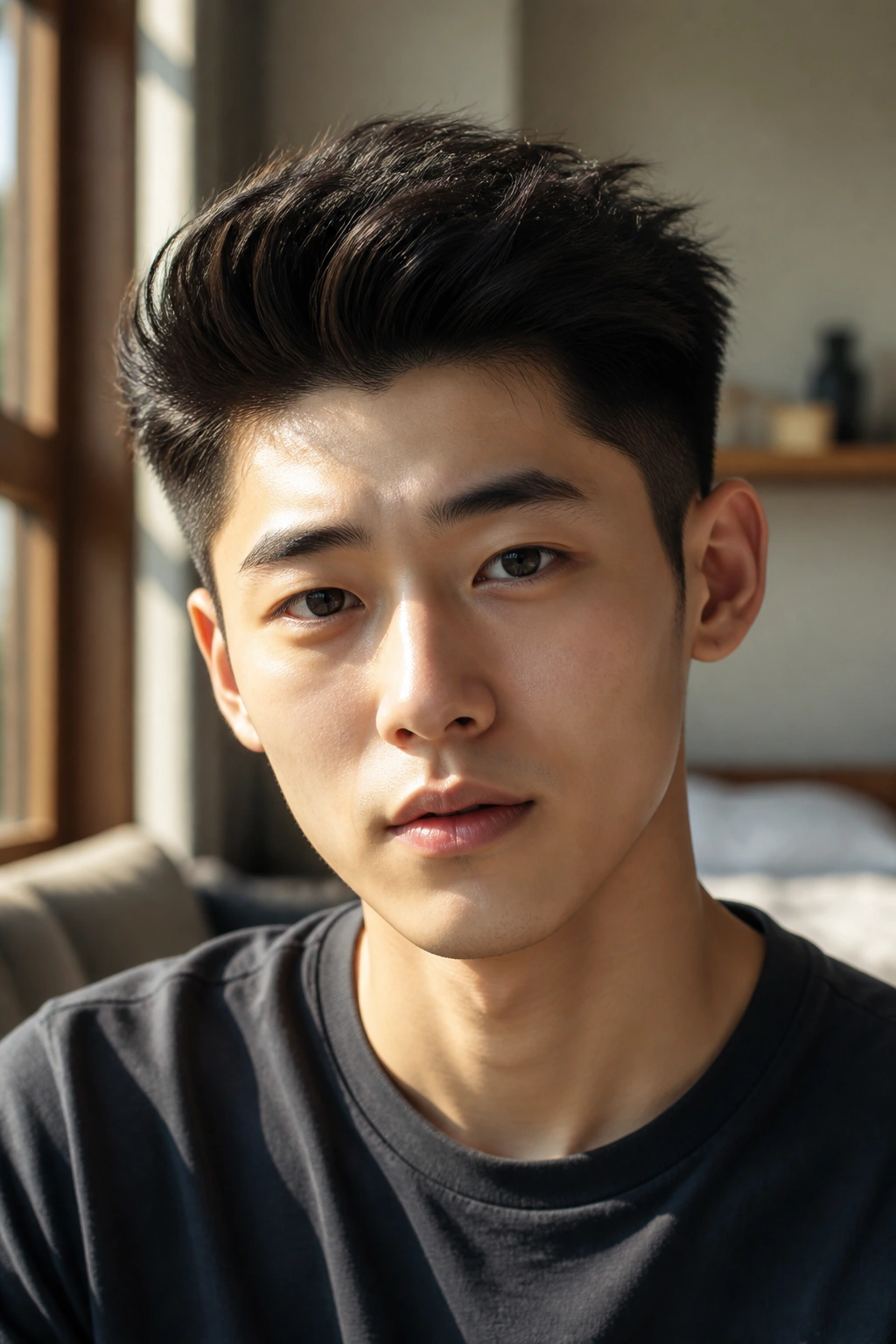 Close-up portrait of a man with a brush-up quiff and low taper in a modern apartment