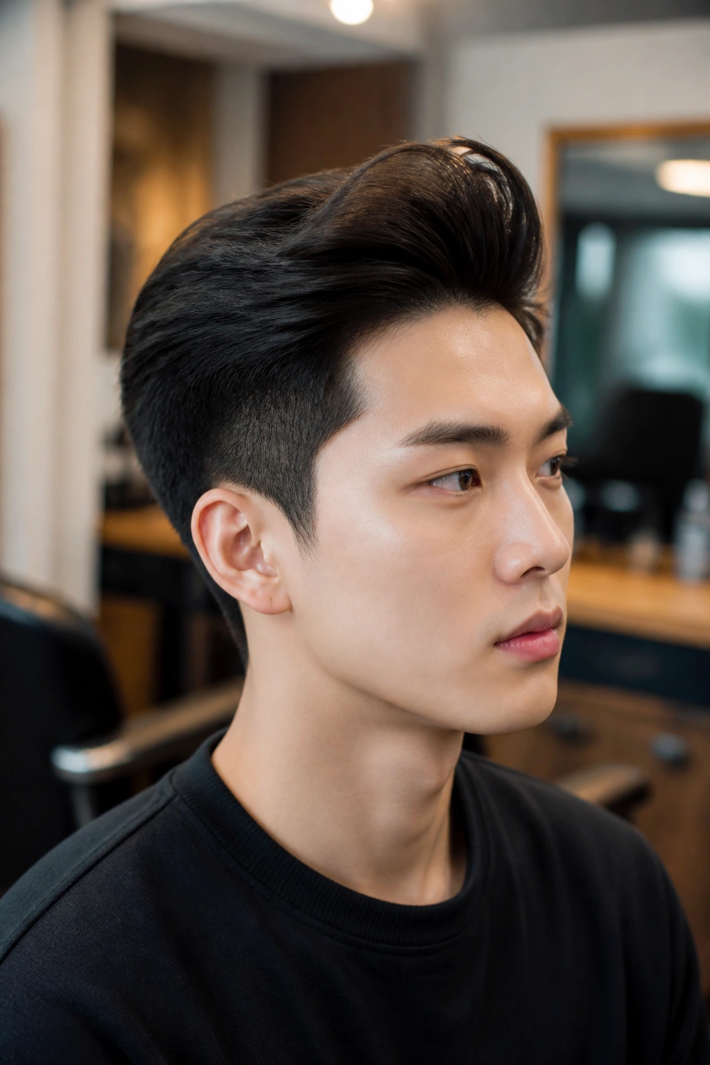 Close-up portrait of a real man with a lifted Brush-Up Quiff with Taper hairstyle in a salon