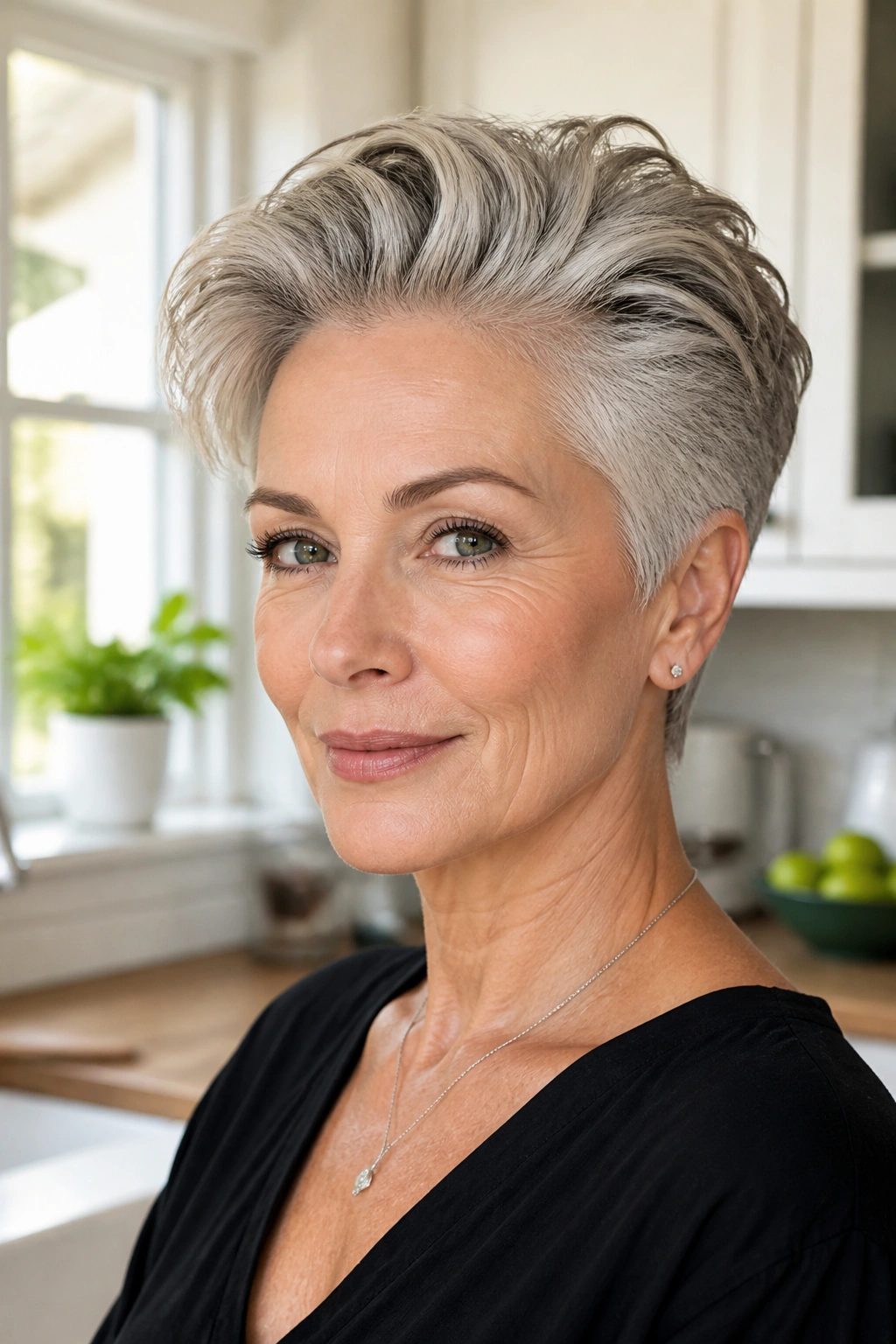 Close-up of a real woman with brushed-back crop and lifted front in bright kitchen light