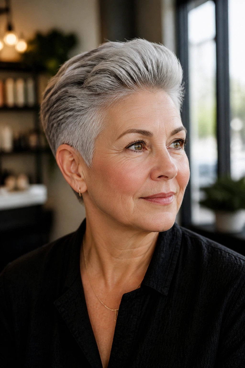 Close-up portrait of a real woman with a brushed-back crop hairstyle in warm window light