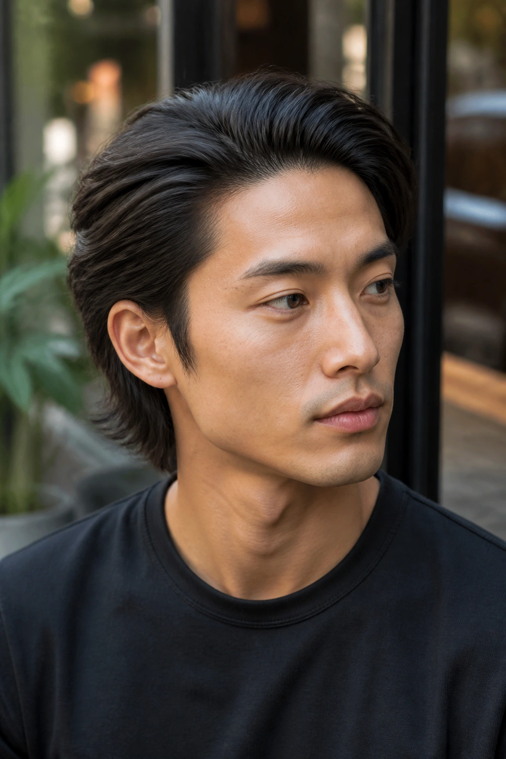 Close-up of a real Asian man with brushed-back medium-length hair in a matte finish