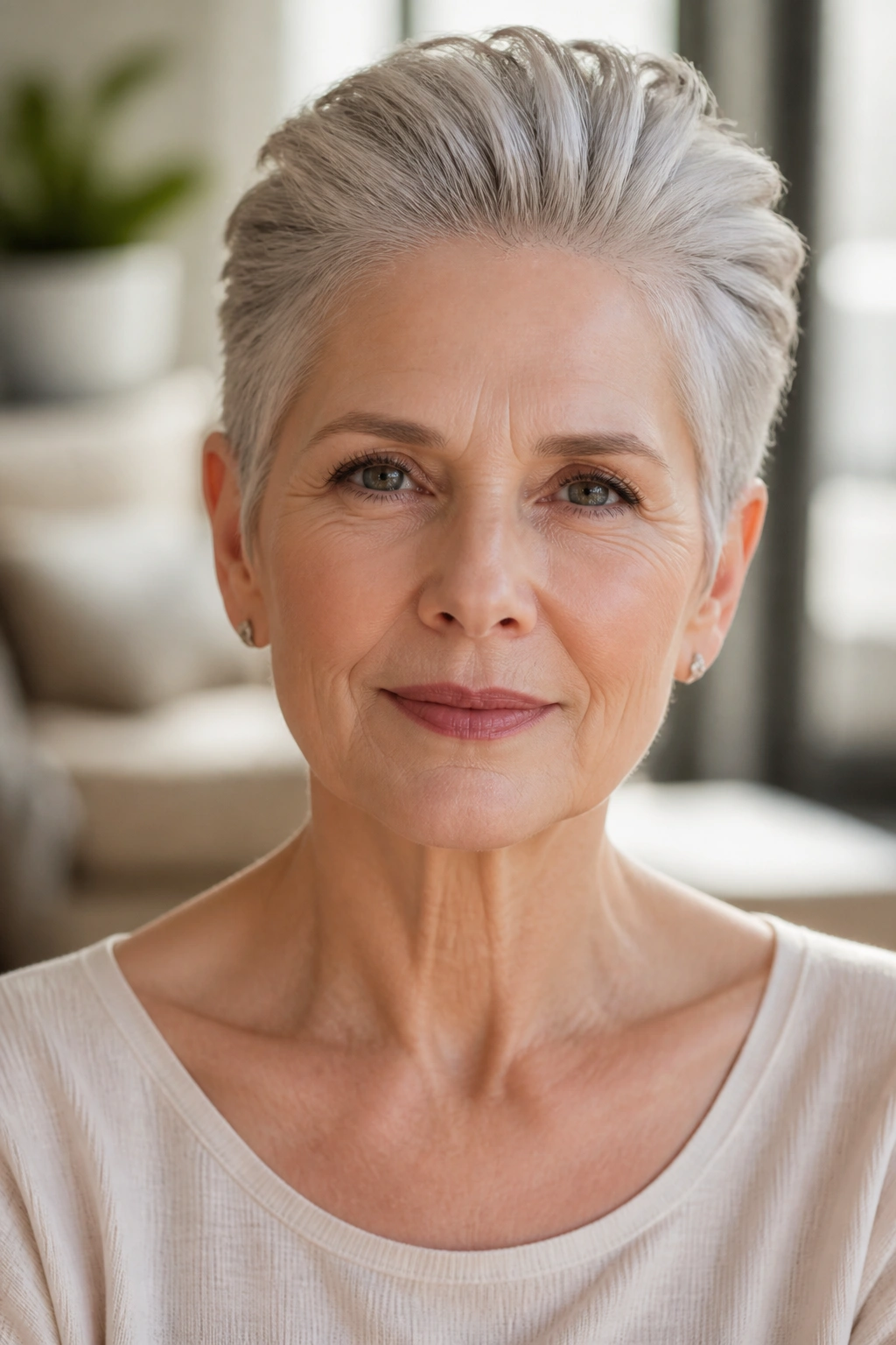 Close-up of a real woman with brushed-back pixie showing lifted front