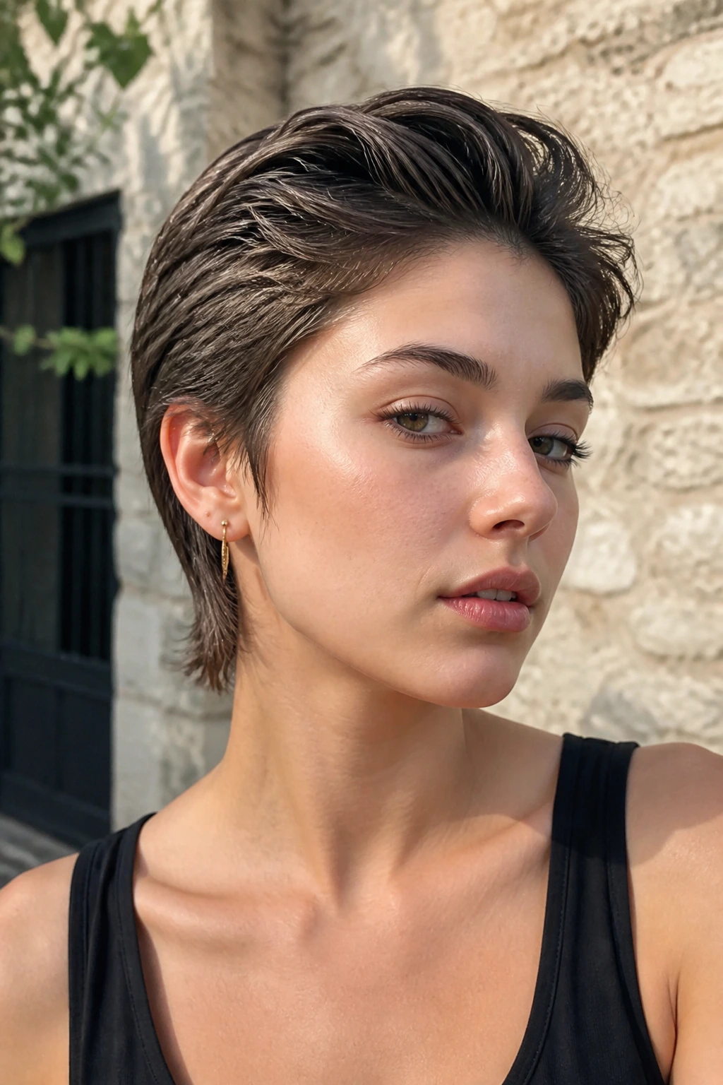 Real woman with brushed-back textured pixie wolf on straight hair