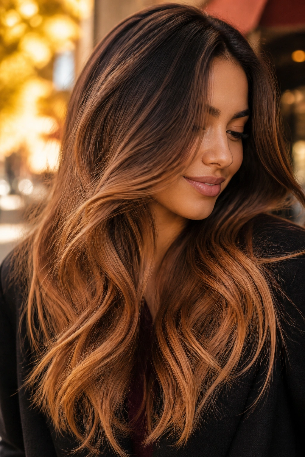 Close-up of brushed bronze ombre on thick hair in autumn street lighting