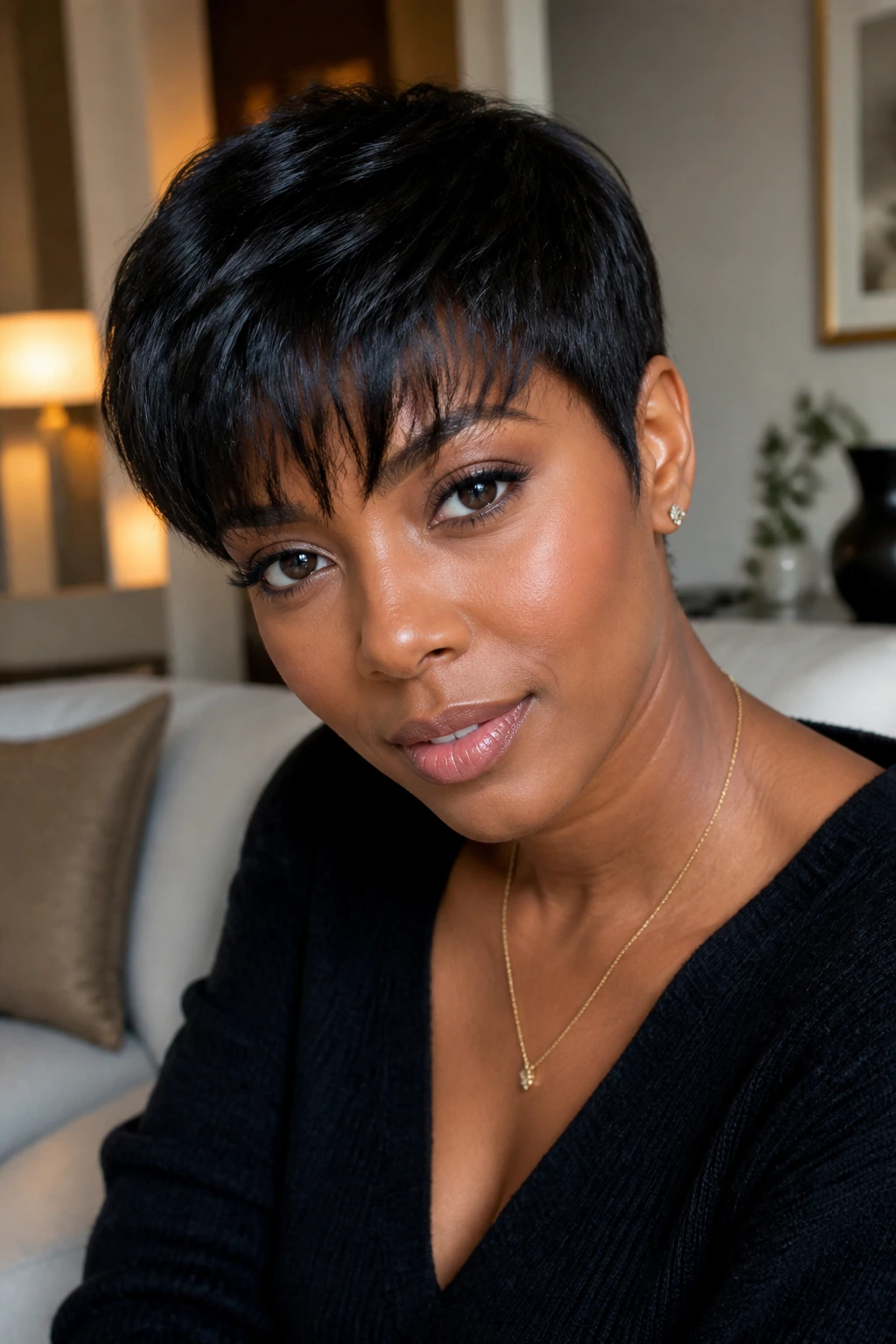 Close-up of a real woman with brushed-forward crop and soft bangs in warm window light