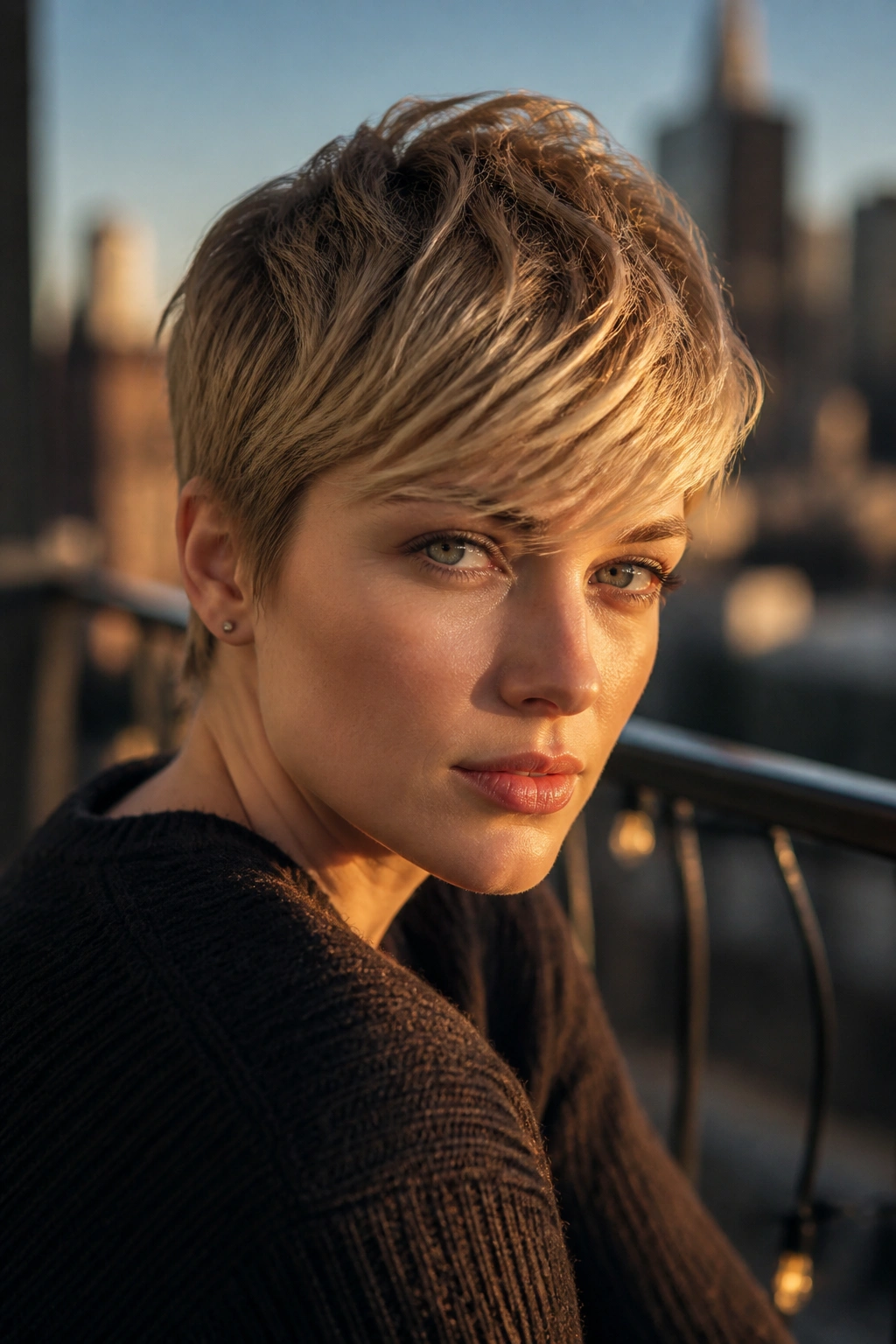 Close-up of a real person with brushed-forward pixie hairstyle and forehead fringe.