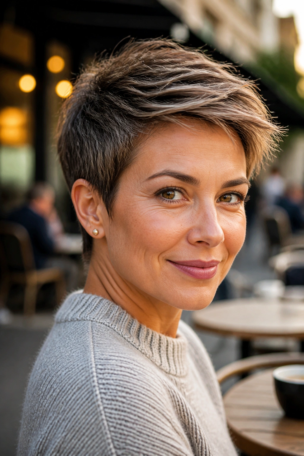 Real woman with brushed-forward pixie and lift at the crown