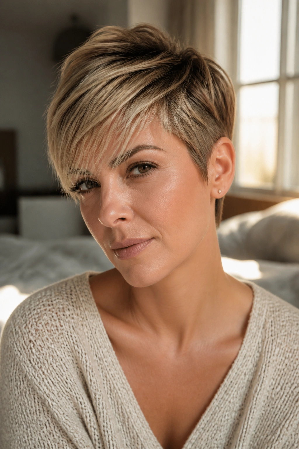 Close-up of a real woman with brushed-forward pixie cut, front-forward layers framing the brow.