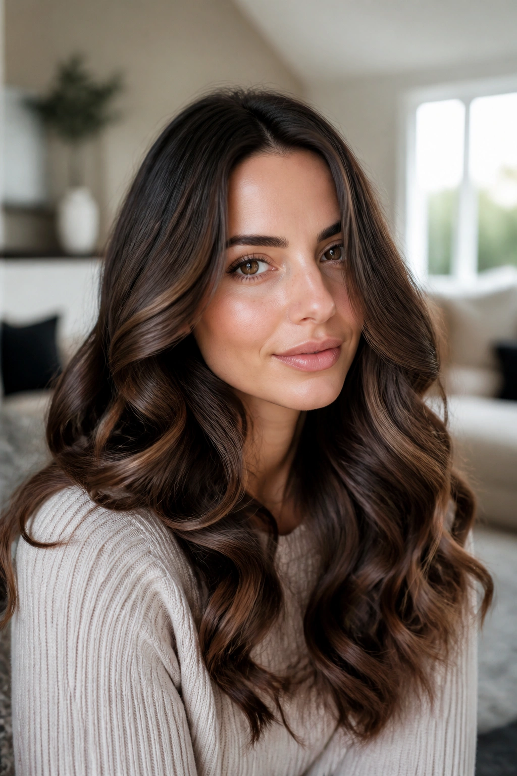 Close-up of a woman with brushed-out barrel curls in a cozy living room