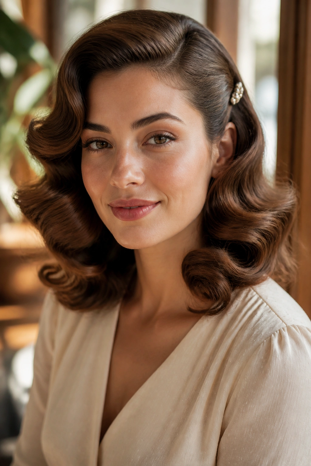 Close-up portrait of a real woman with brushed-out barrel waves and a side clip