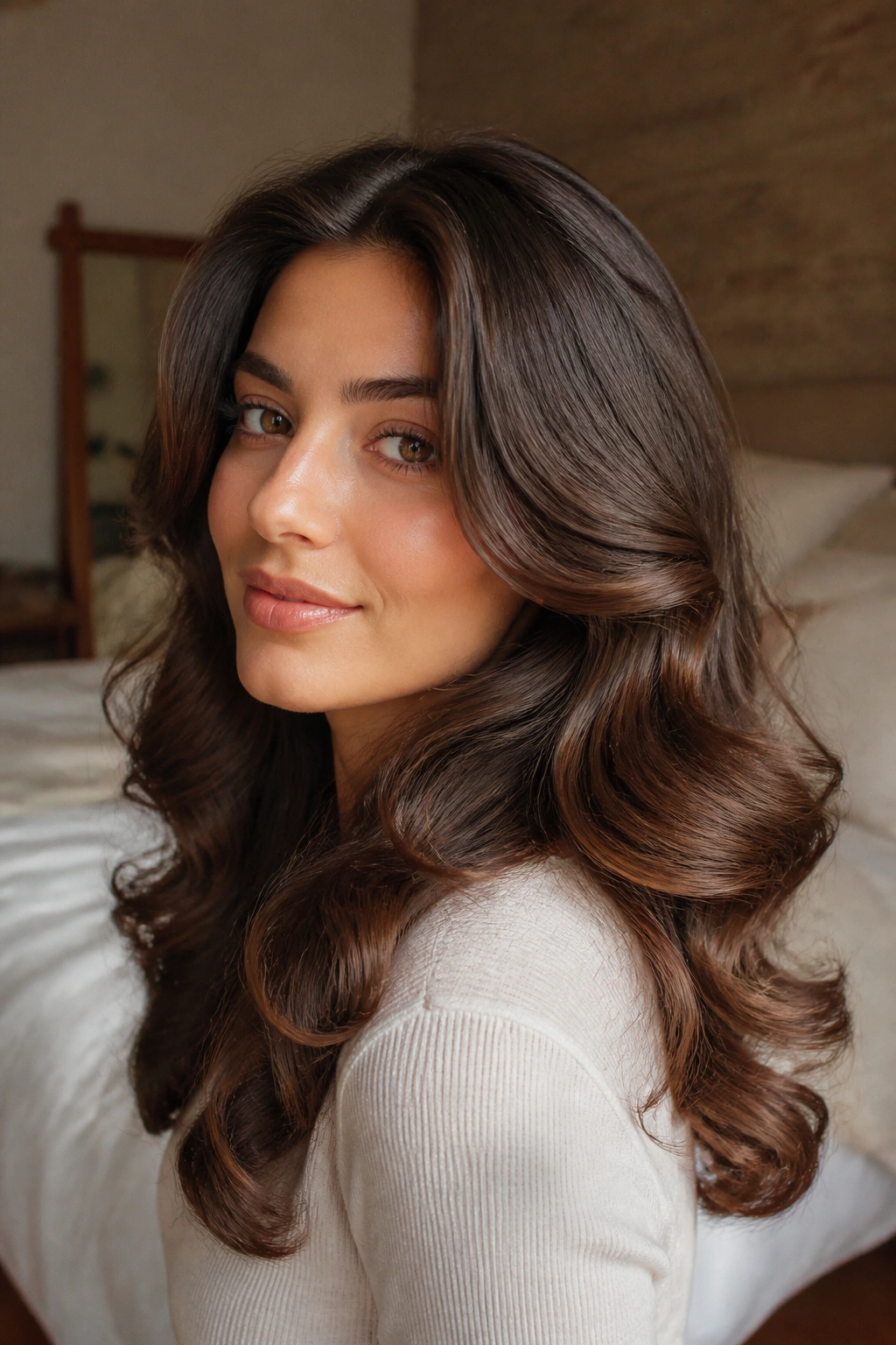 Real woman with brushed-out barrel curls in a cozy room.