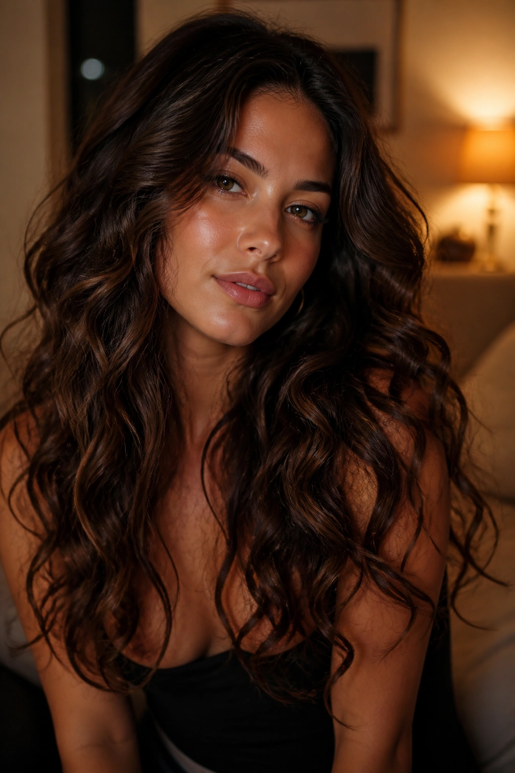 Close-up of real woman with loose brushed-out after-dark curls in a warm evening room