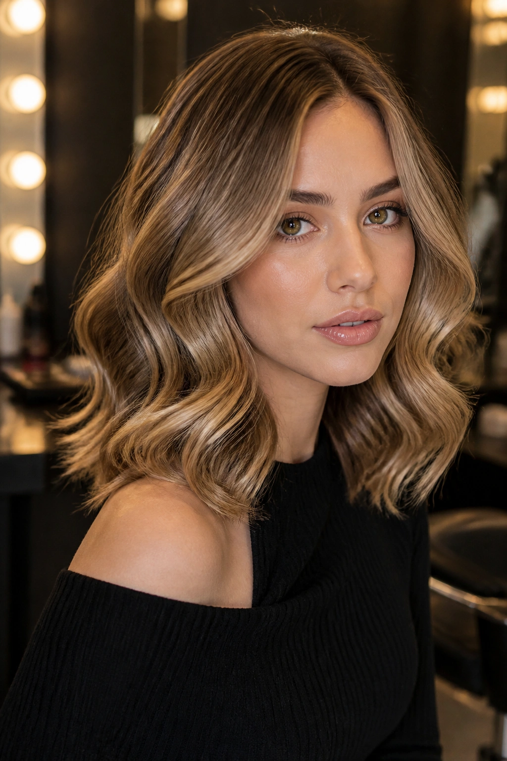 Real woman with brushed-out glam waves in a dressing room