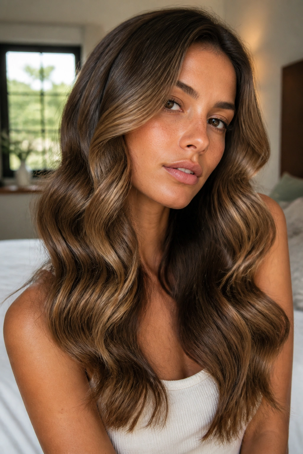 Real woman with long brushed-out Hollywood waves in warm, natural light.