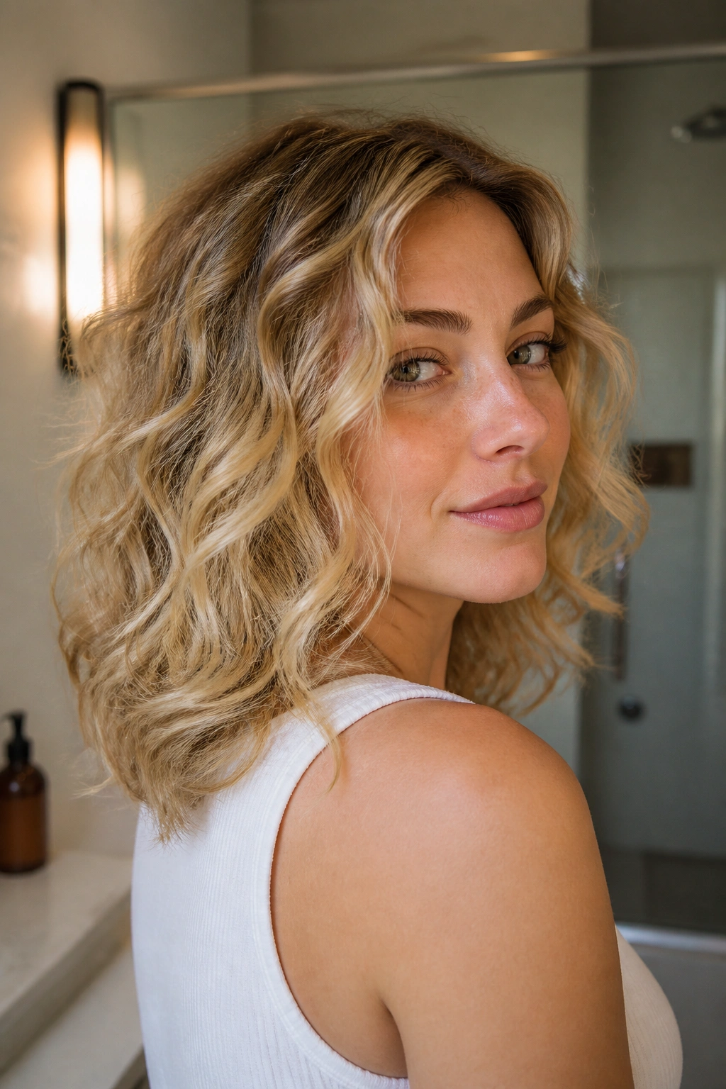 Close-up of a real person with brushed-out curl waves for fine hair