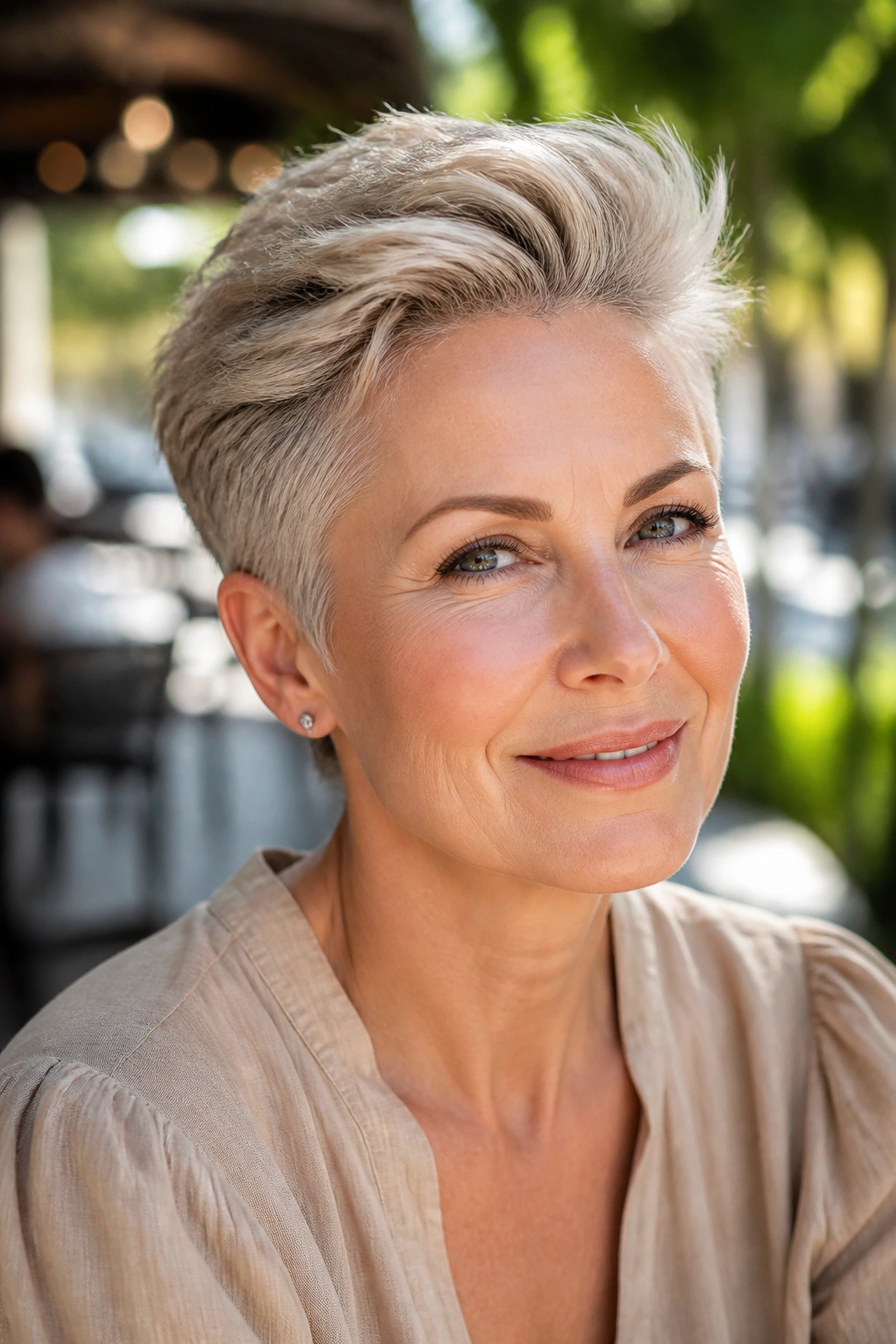 Close-up of a real woman with brushed-up pixie and light texture, lifted top