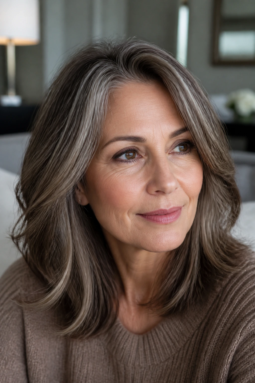 Close-up portrait of a real woman with brushed walnut hair and silver pieces