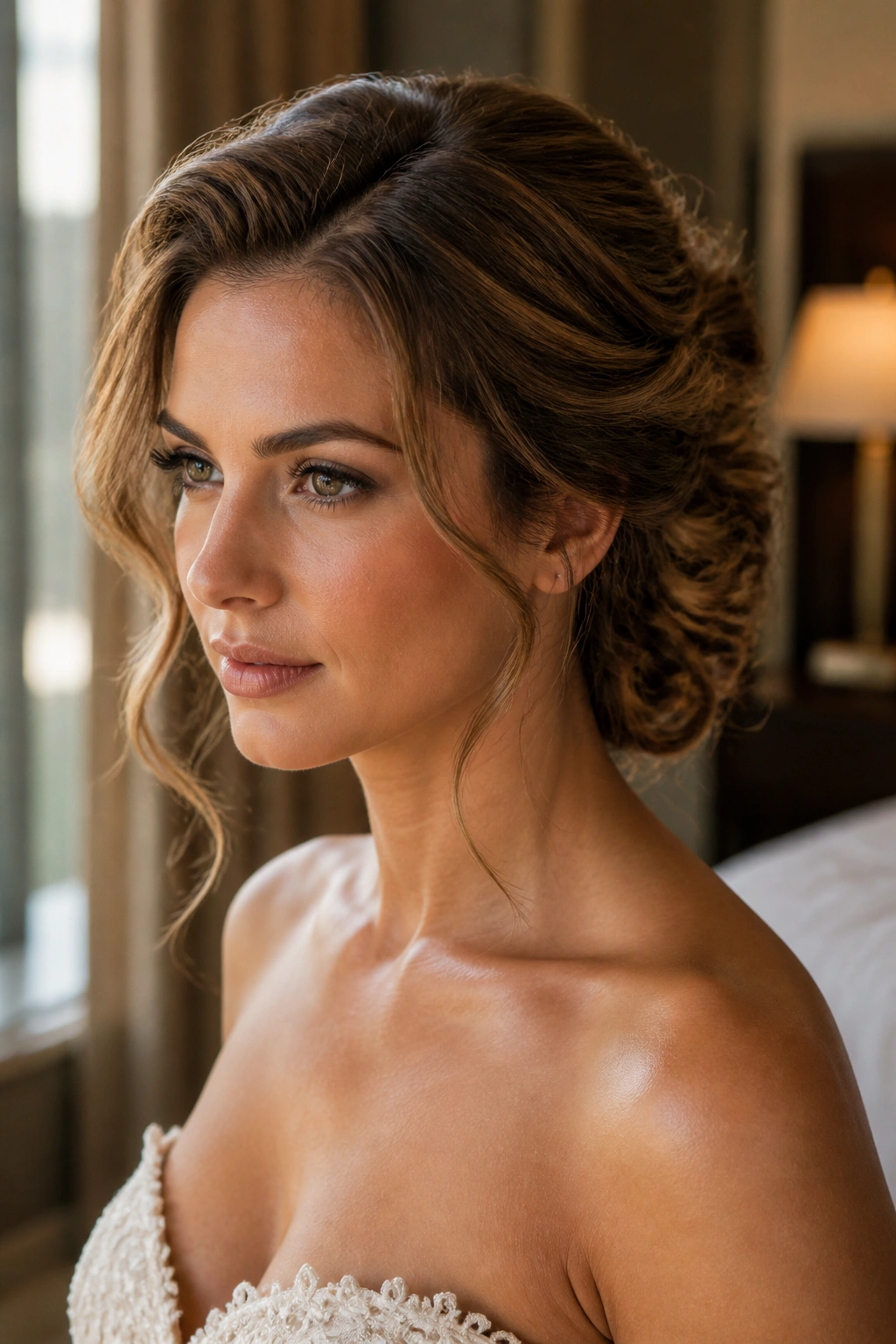Brushed-wave bridal updo with soft waves on real bride