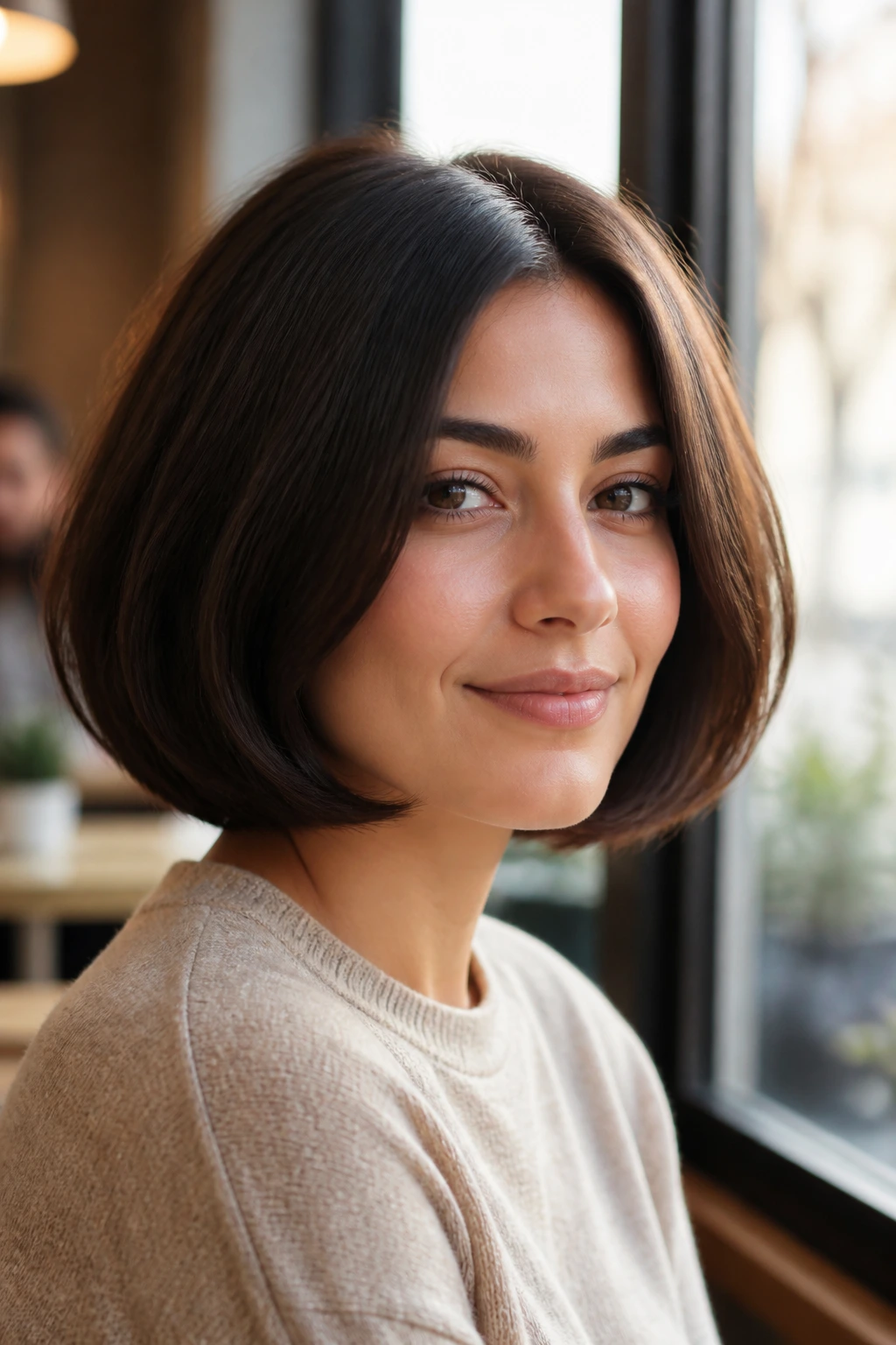Portrait of a real woman with a bubble bob silhouette in a bright cafe