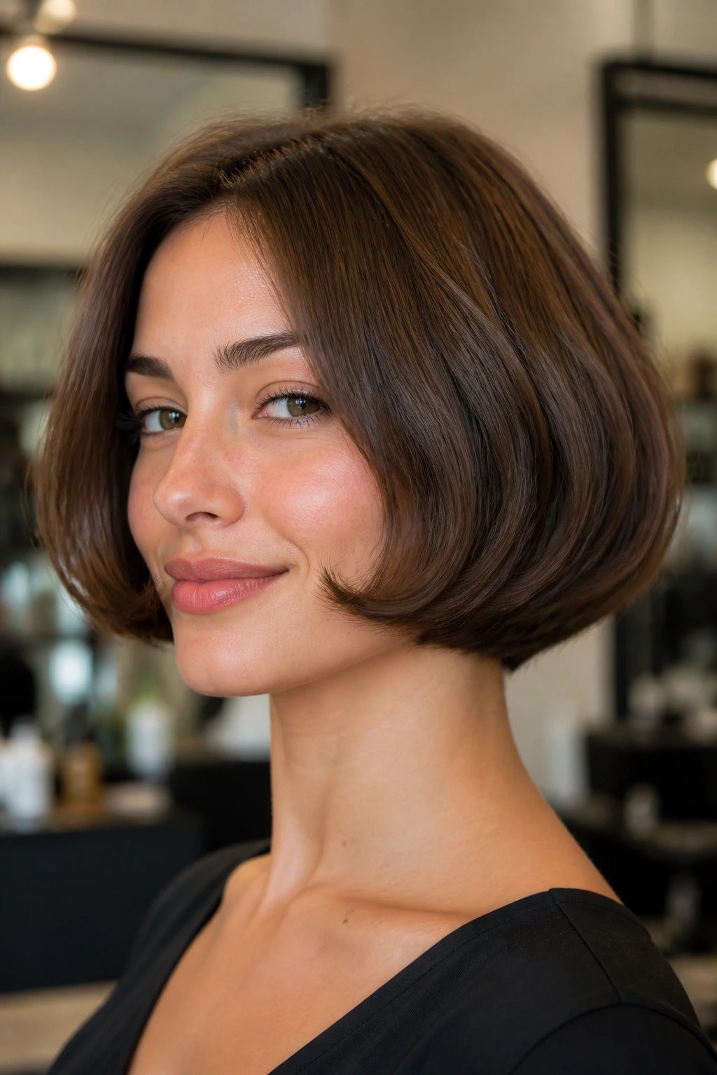 Portrait of a woman with bubble bob and lifted ends in a chic salon light