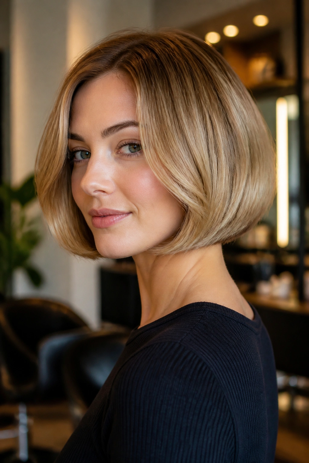 Close-up of a real woman with a bubble-shaped bob silhouette.
