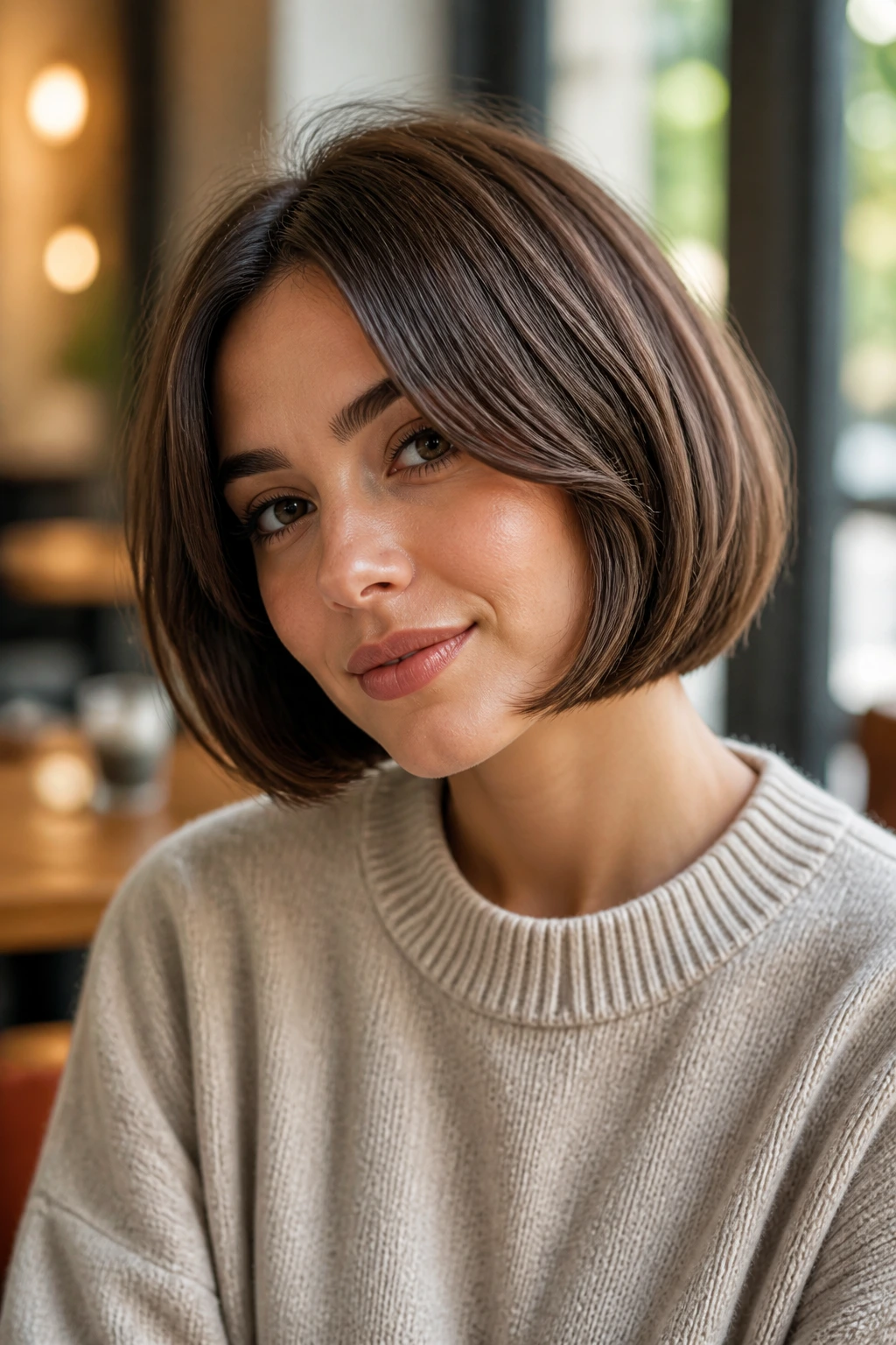 Close-up of a woman with bubble bob soft roundness in cafe setting