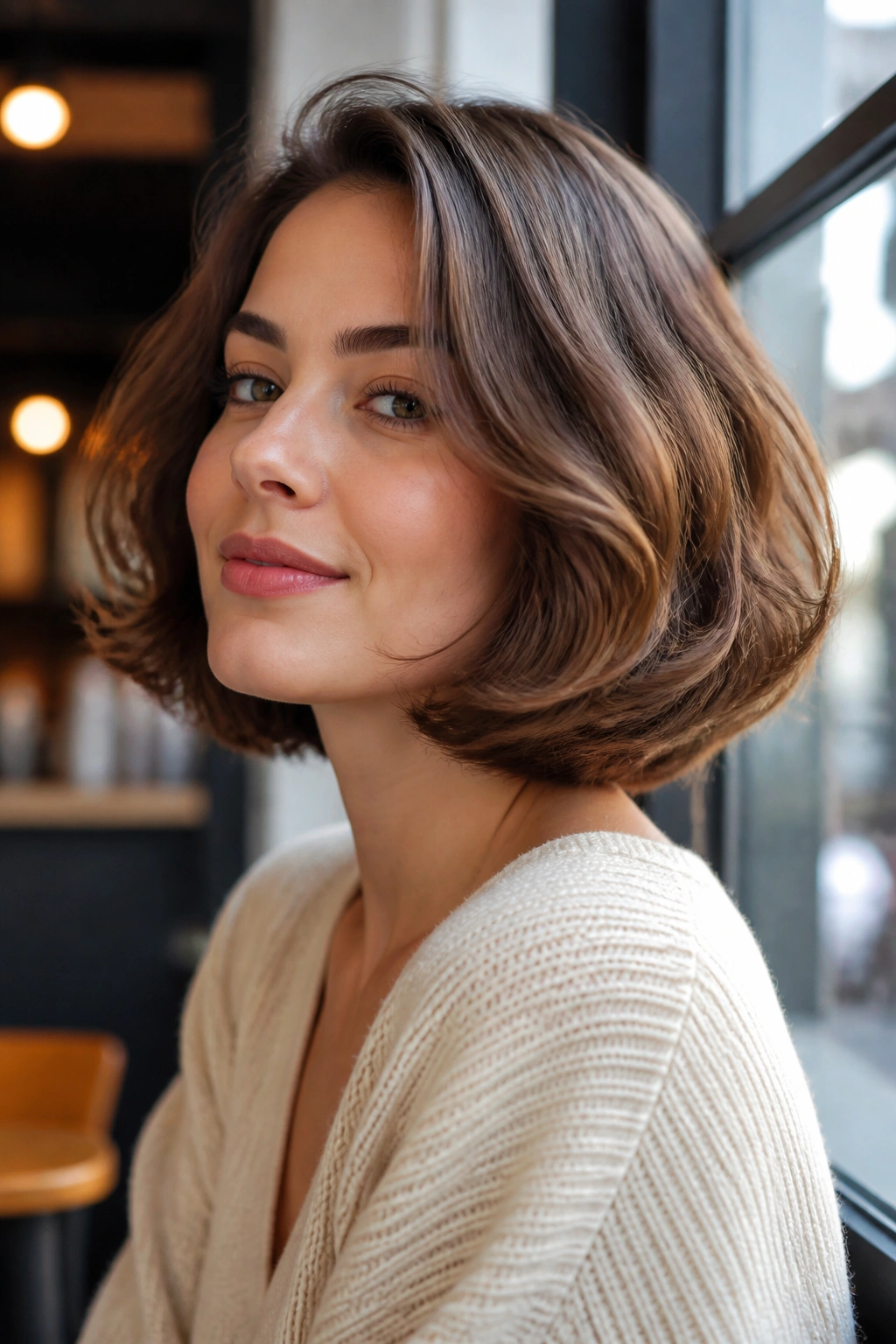 Close-up portrait of a real woman with a bubble bob and soft curved ends