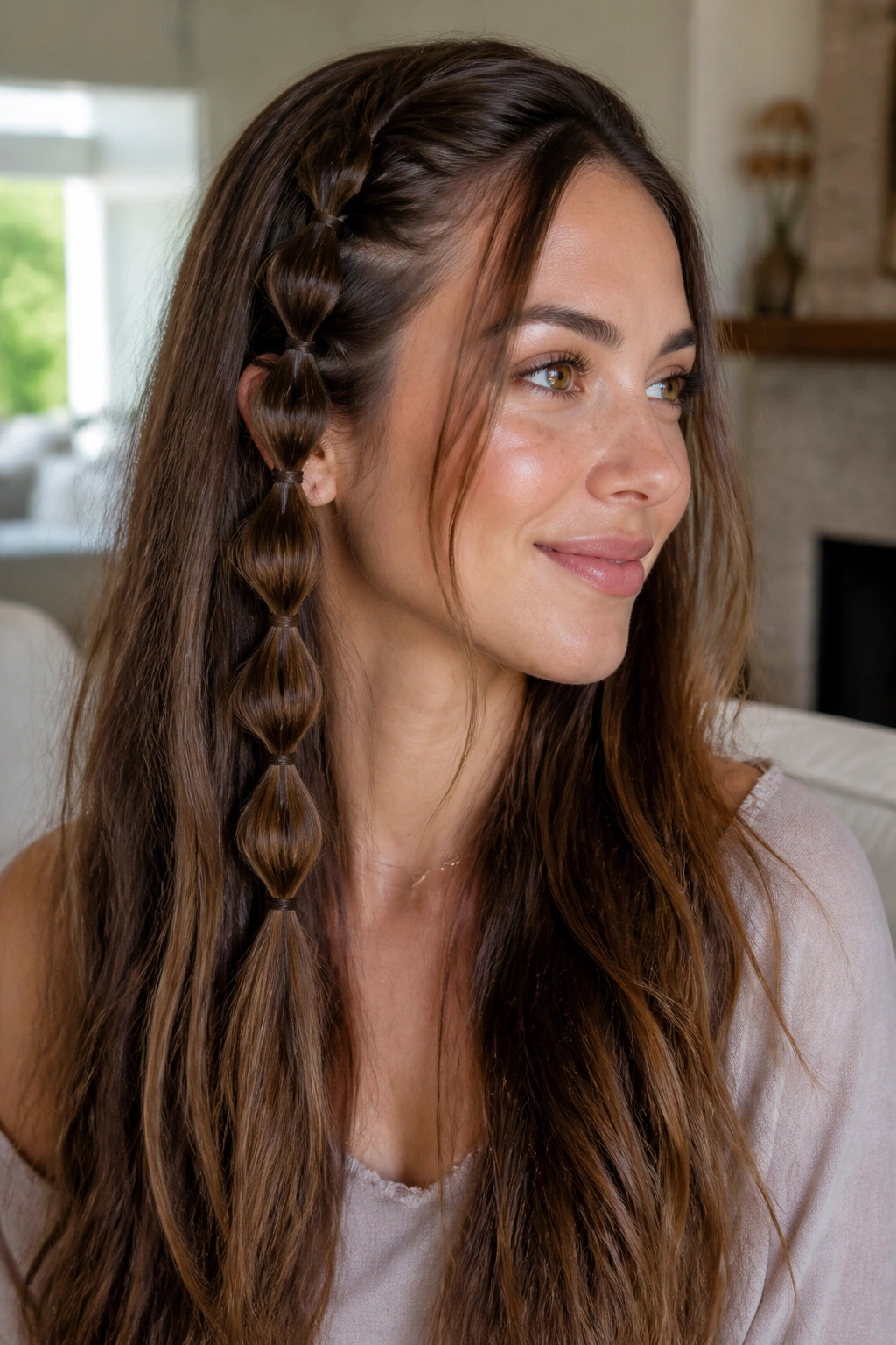 Close-up of a real woman with a bubble braid accent and loose length in long hair.