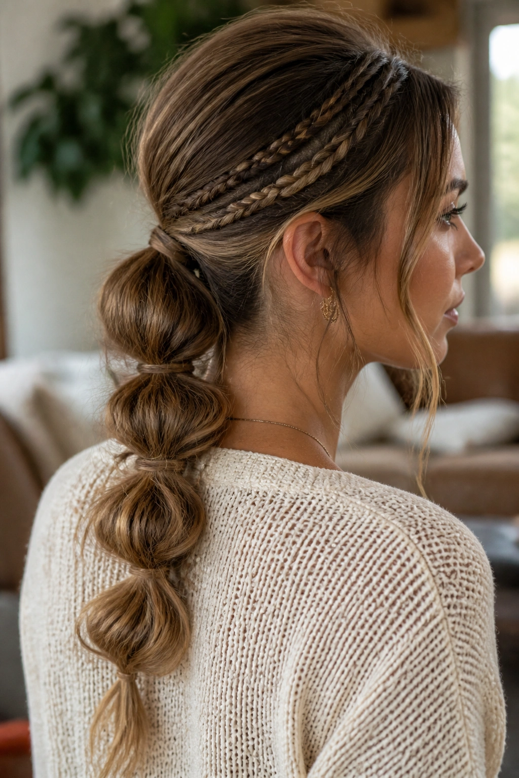 Close-up of a real woman with a bubble braid and tiny accent plaits at temples