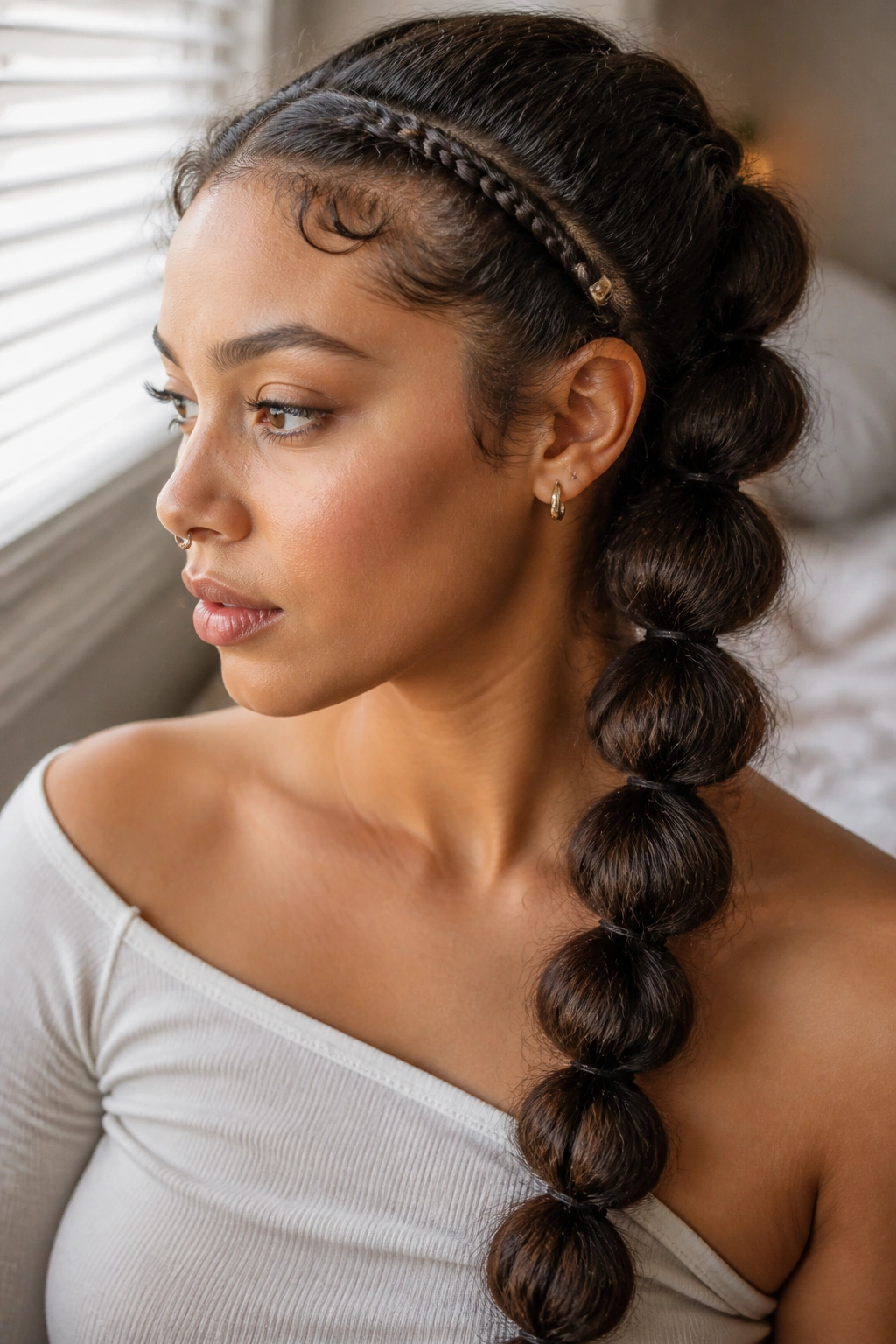 Close-up of a real woman with a bubble braid and tiny anchor braids in a cozy bedroom