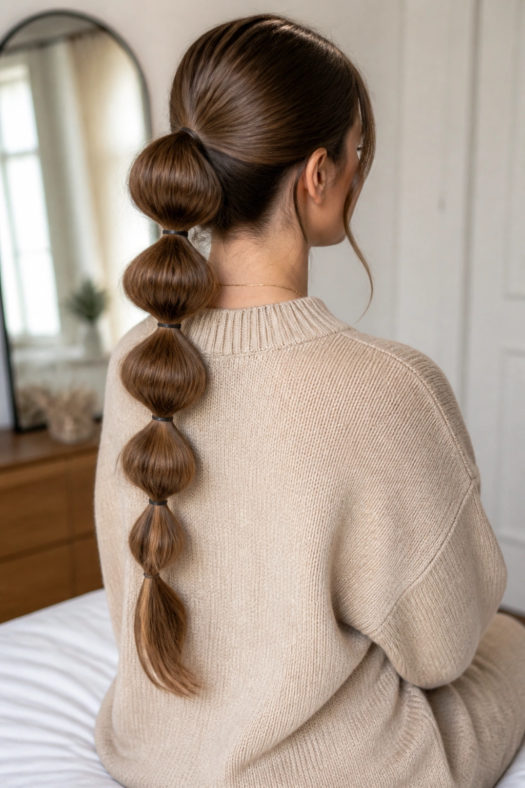 Rear view of a real woman with a bubble braid down the back