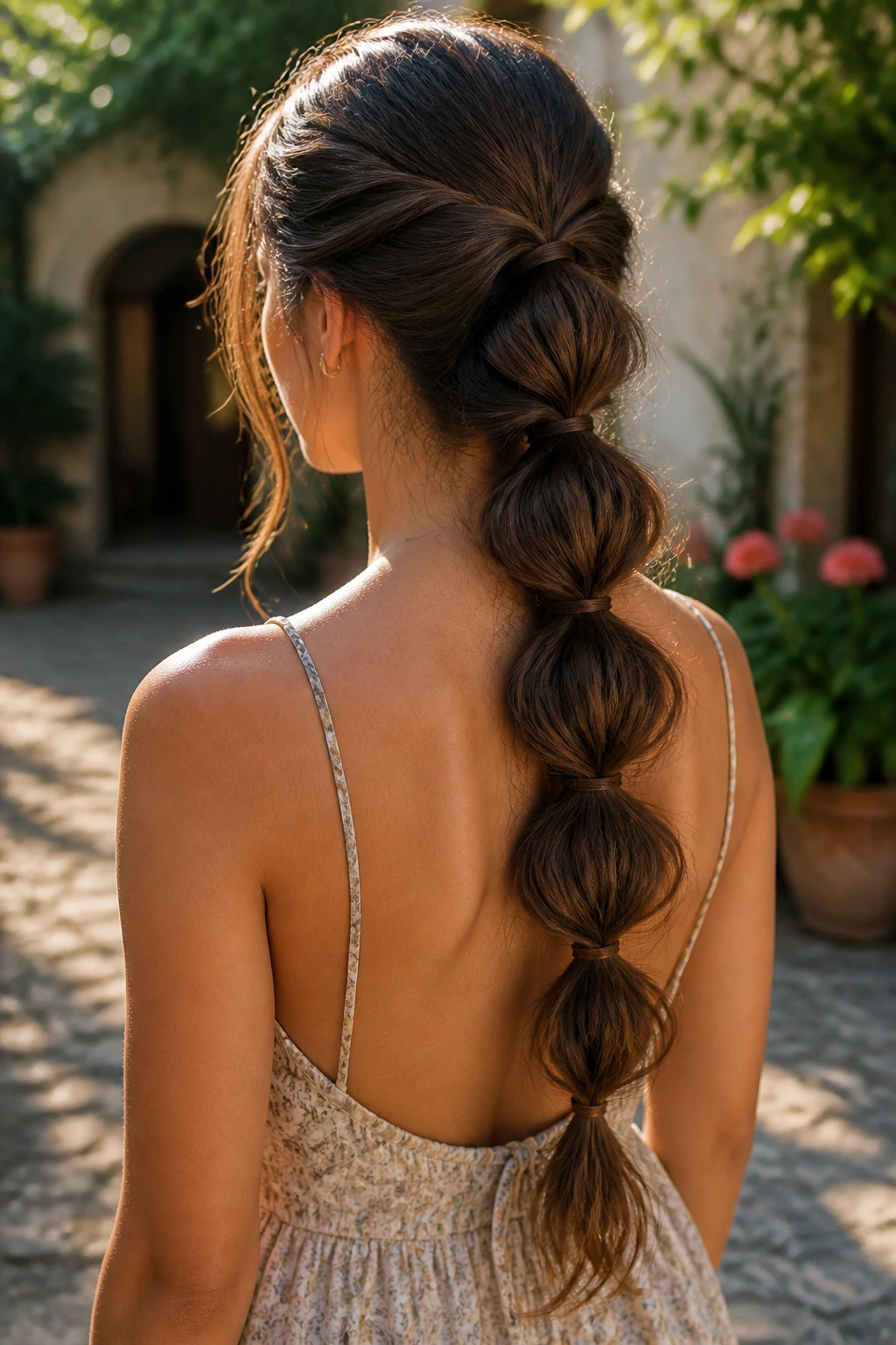 Back view of a real woman with a loose bubble braid running down the back