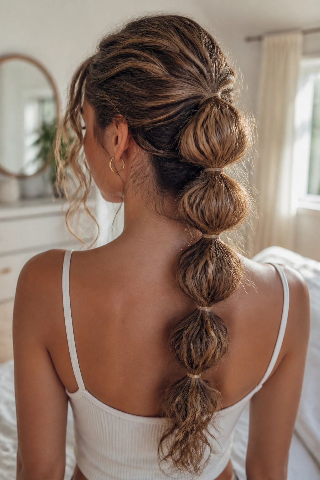 Back view of a woman with a bubble braid along the back