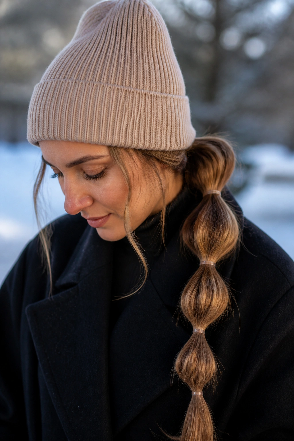 Close-up of a real woman with a bubble braid visible under a knit beanie