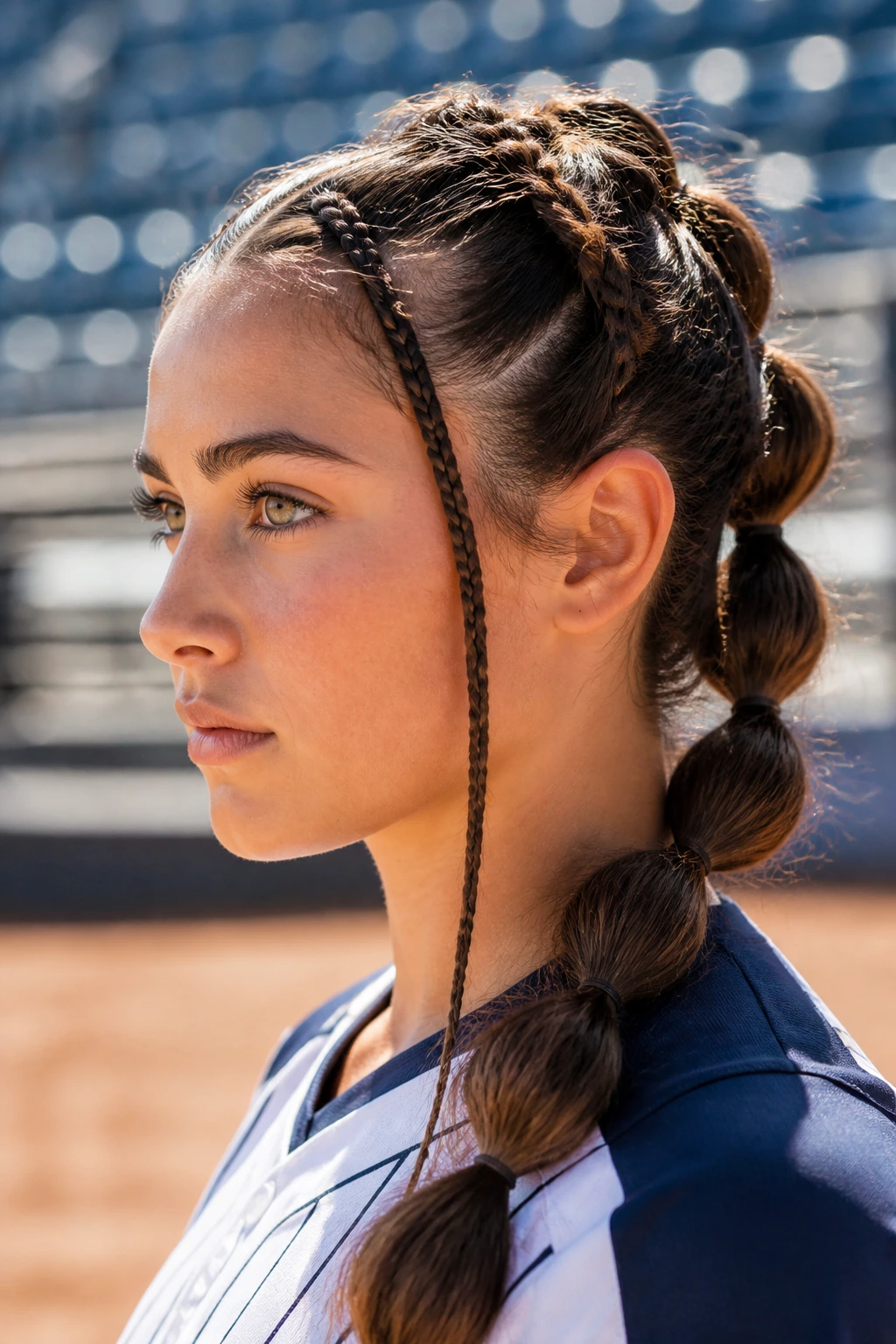 Bubble braid with braided front pieces on a real softball player.