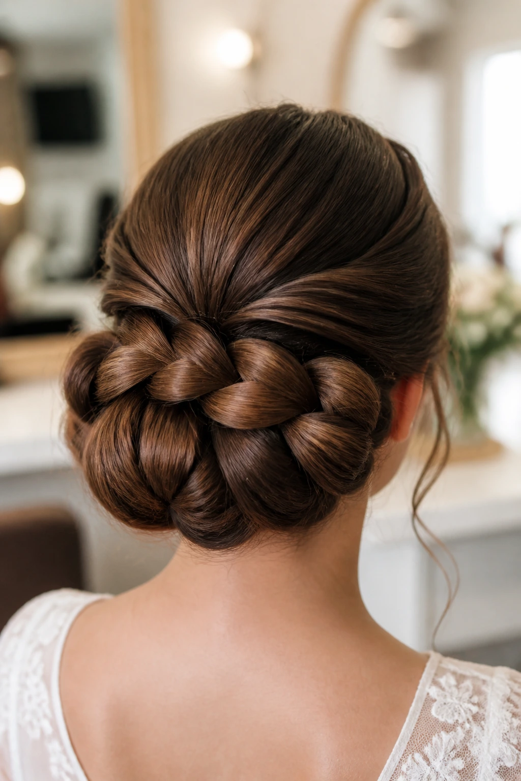 Back view of a real woman wearing a bubble-braid bun for long dense hair in soft bridal lighting