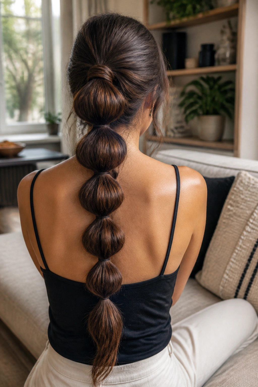 Back view of a woman with a long bubble braid down the back
