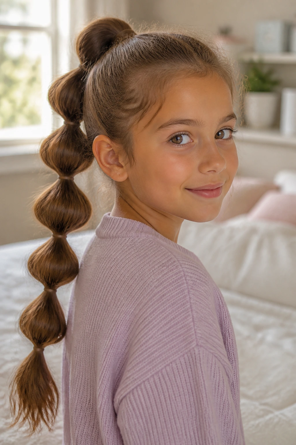 Close-up of a real girl's bubble braid with stacked bubble sections.