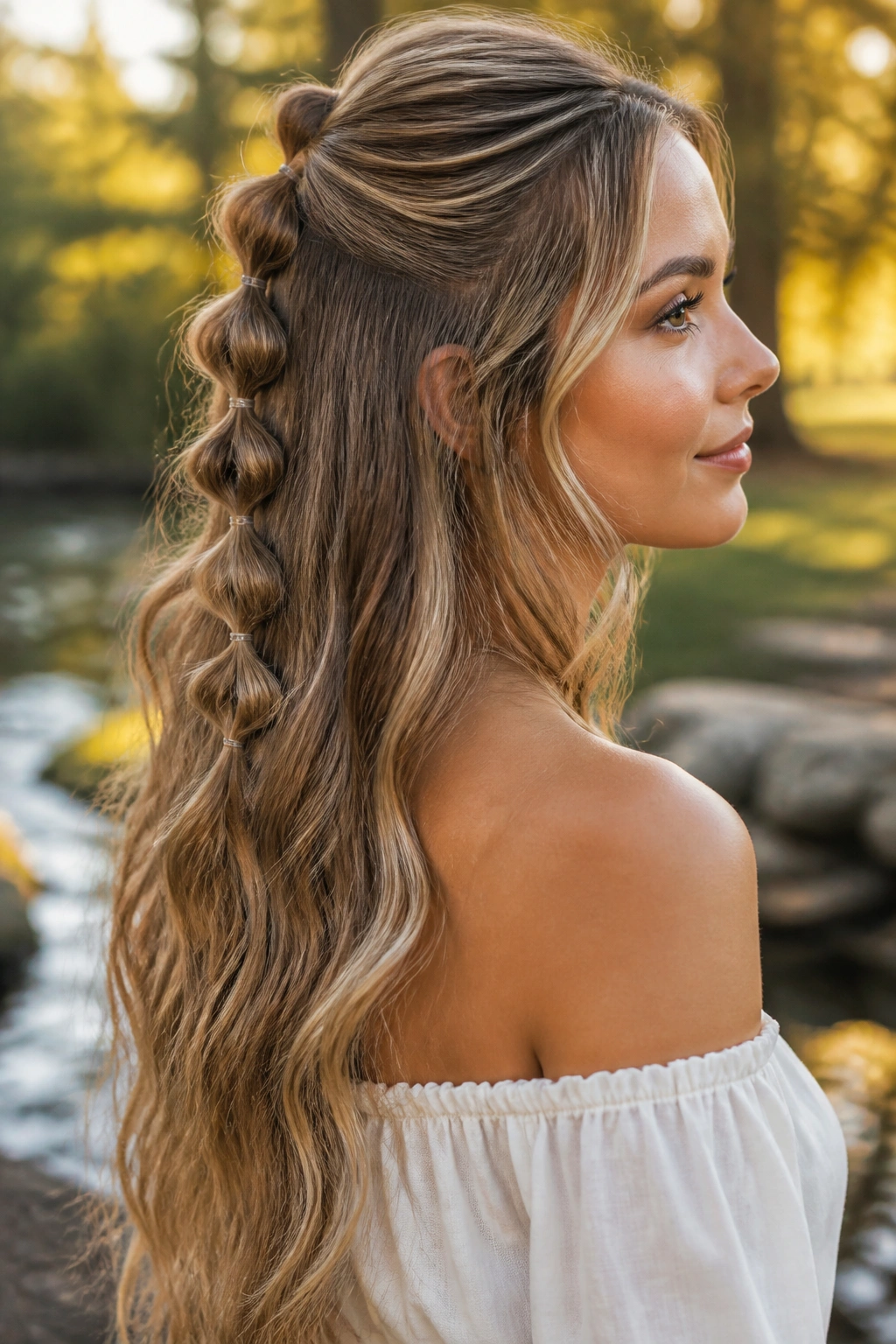Close-up of a woman with a bubble half-up braid in long hair.
